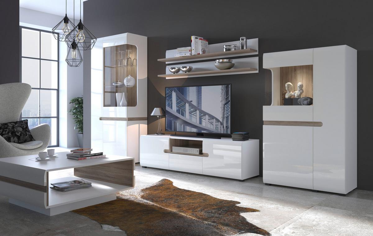 TV-Element Linate B: 164 cm Alpinweiss/Trüffel Eiche Dekor - Weiß Hochglanz/Trüffeleichefarben, MODERN, Holzwerkstoff (164/45,7/42cm)