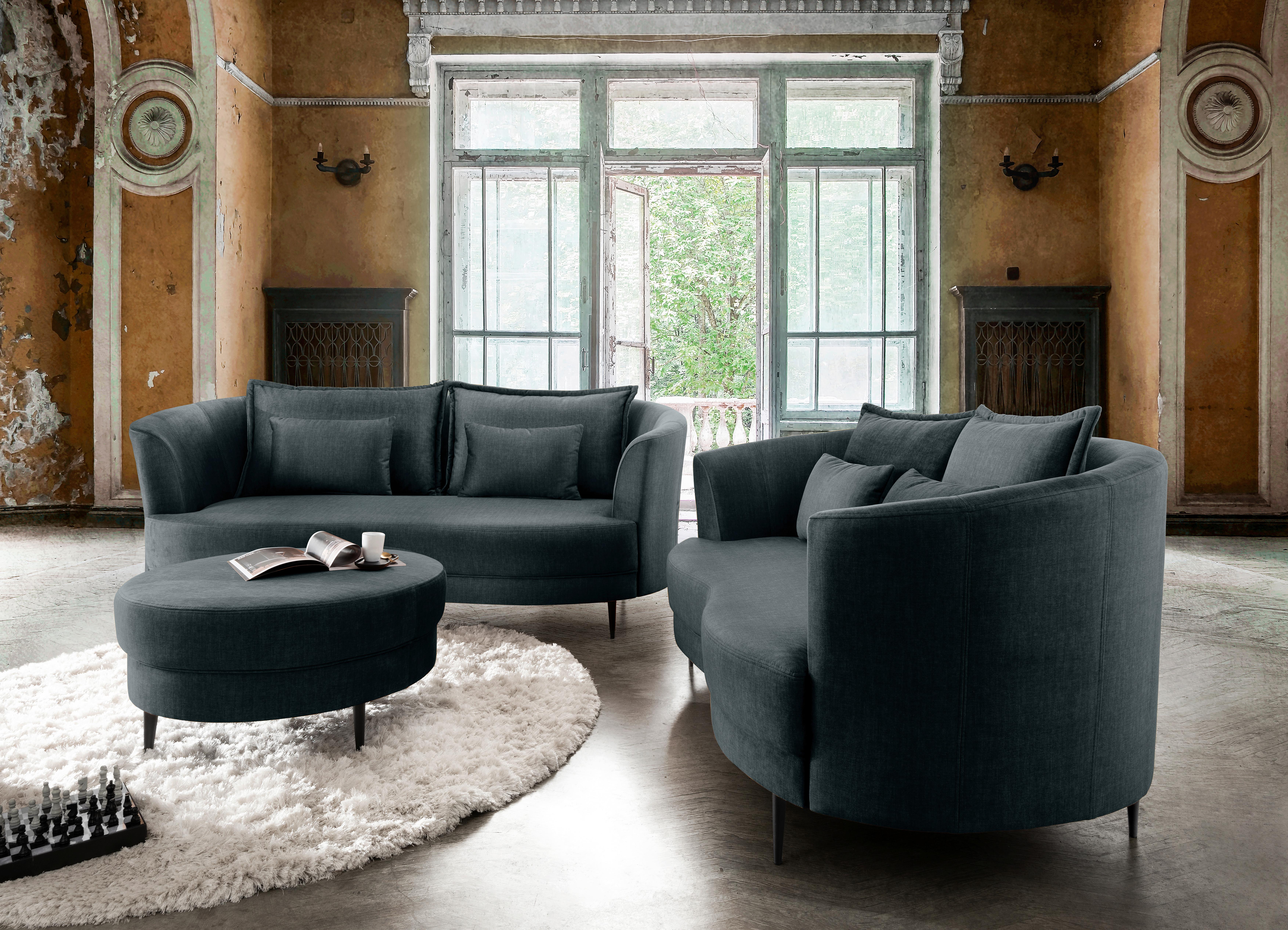 Hocker Pistaccio Blau Velours, D: 80 cm - Blau/Schwarz, MODERN, Textil (80/43cm) - Livetastic