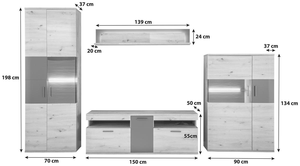 Wohnkombination 4-Tlg. Cortona Anthrazit/Eichefarben - Klar/Eichefarben, Design, Glas/Holzwerkstoff (330/198/50cm) - Livetastic