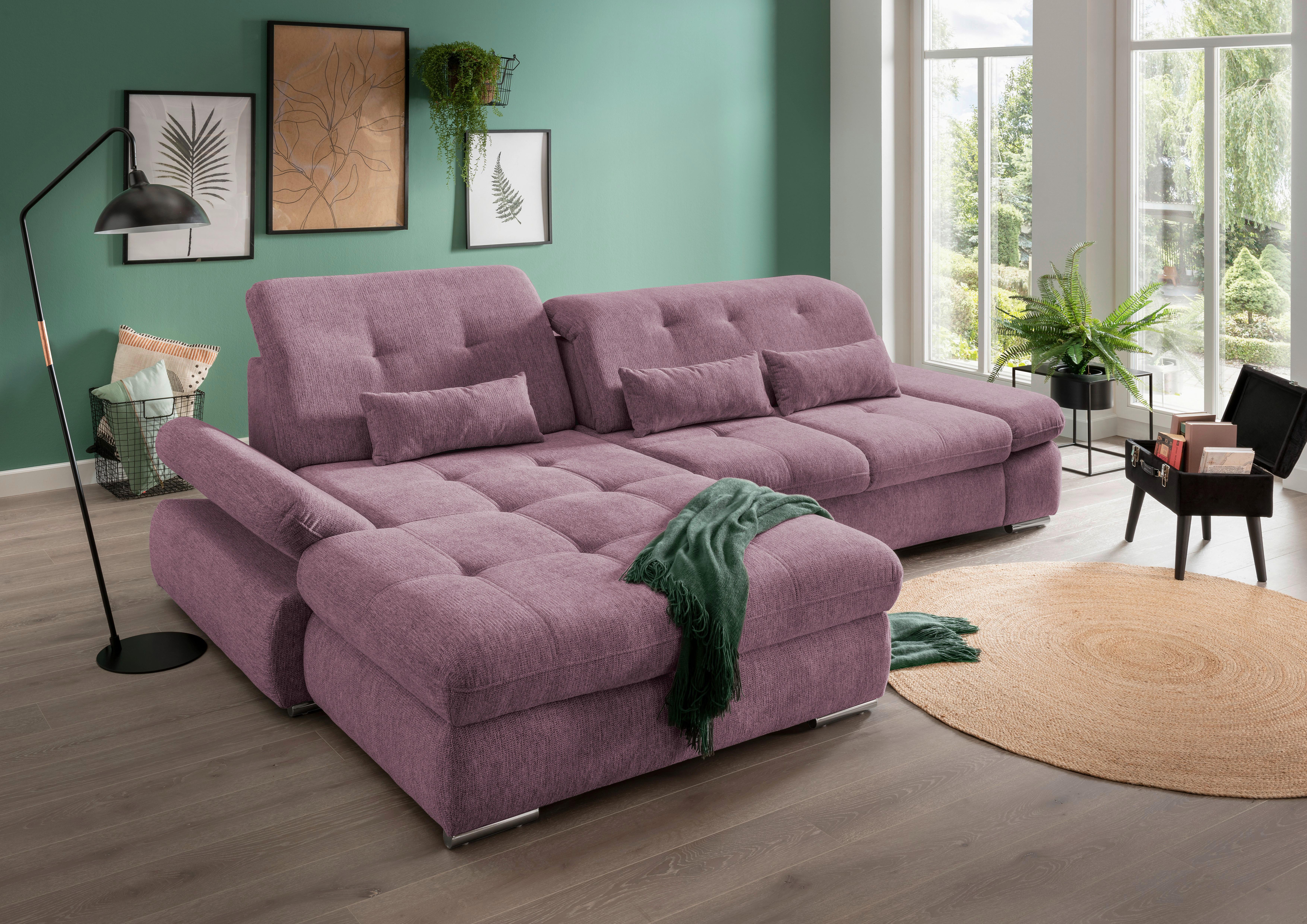 Ecksofa mit Schlaffunktion Dalida Brombeere Chenille - Chromfarben/Brombeere, Design, Textil (196/300cm) - Livetastic