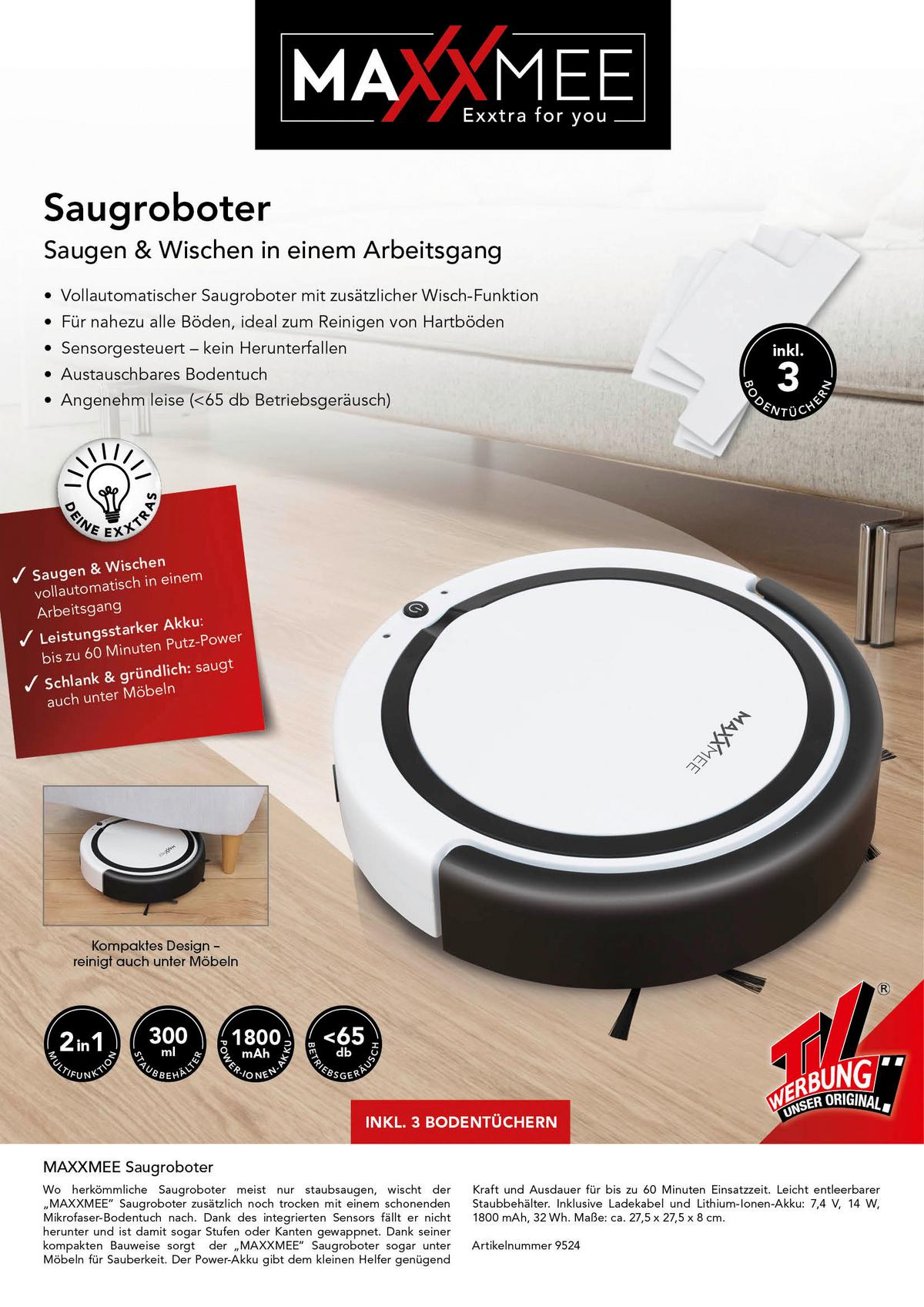 Saugroboter Mit Wischfunktion Maxxmee 3 Modi 14 W - Schwarz/Weiß, Trend, Kunststoff (27,5/9cm) - TV - Unser Original