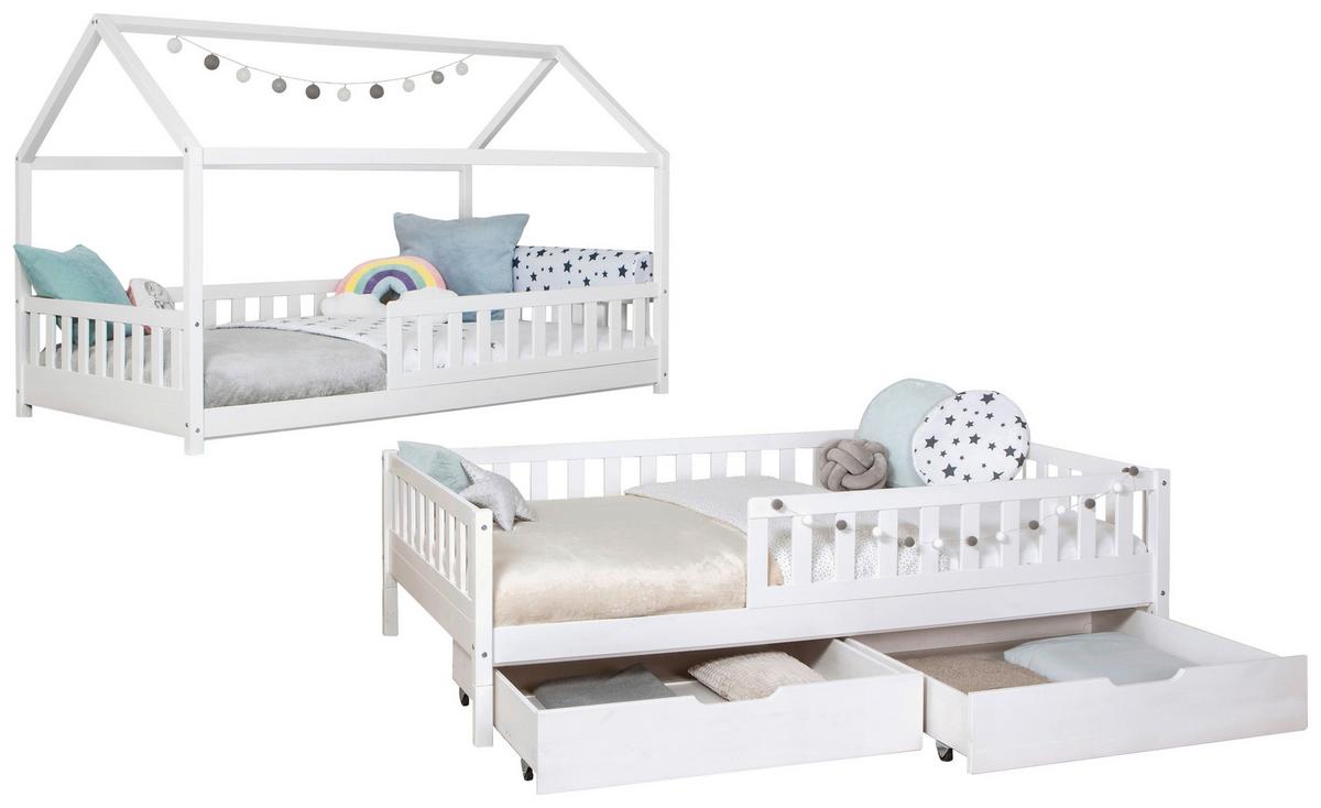 Stauraumbett 90x200 Weiß - Weiß/Naturfarben, MODERN, Holz (90/200cm) - MID.YOU