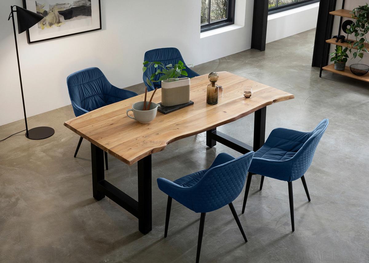 Tischgruppe Akazie Massiv/Blau 5--Teilig. - Blau/Naturfarben, MODERN, Holz/Textil (160/85/76,5cm) - Livetastic