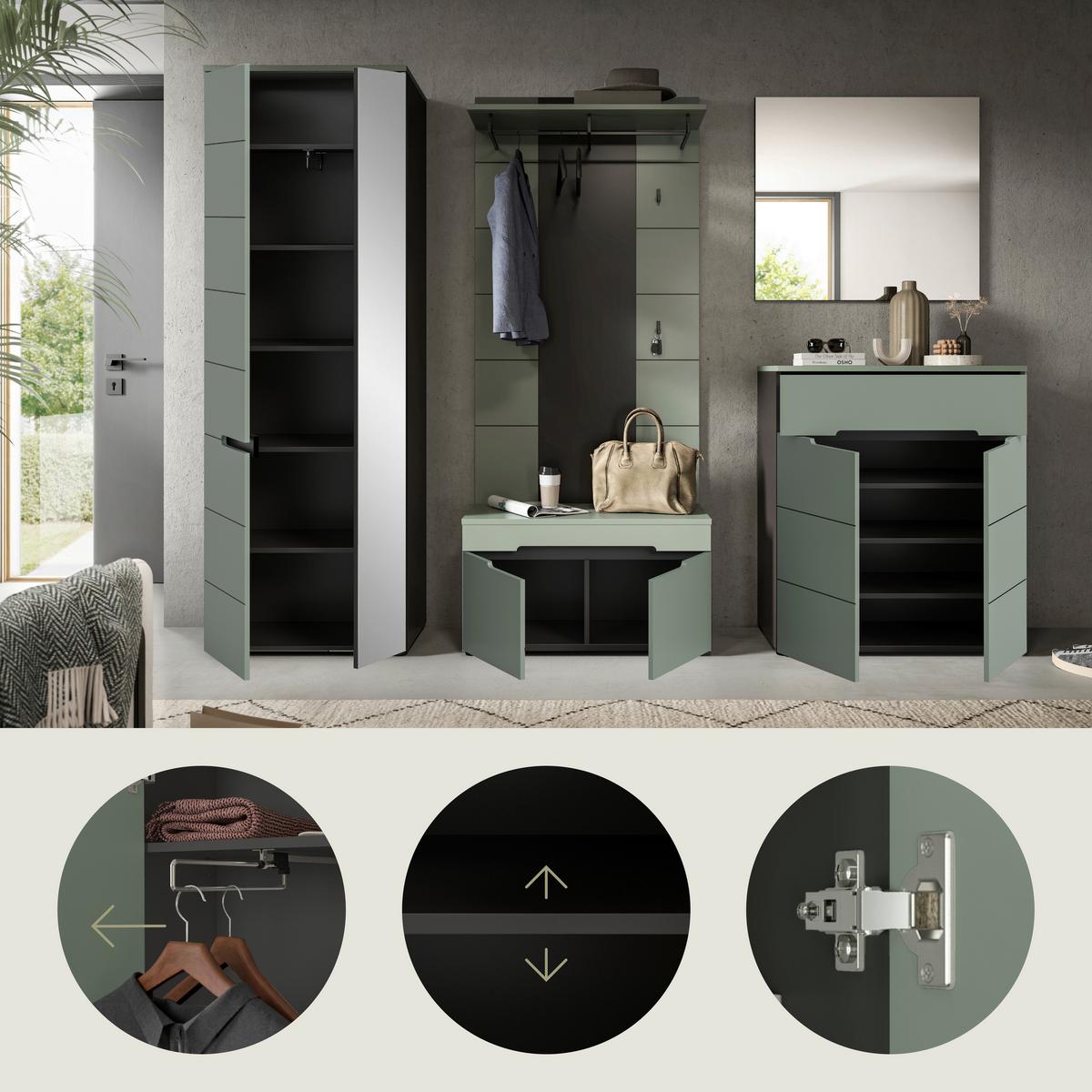 Garderobe Canu 5-Teilig Grau/Grün B: 255 cm - Graugrün/Grau, Design, Holzwerkstoff (255/190/37cm) - Livetastic