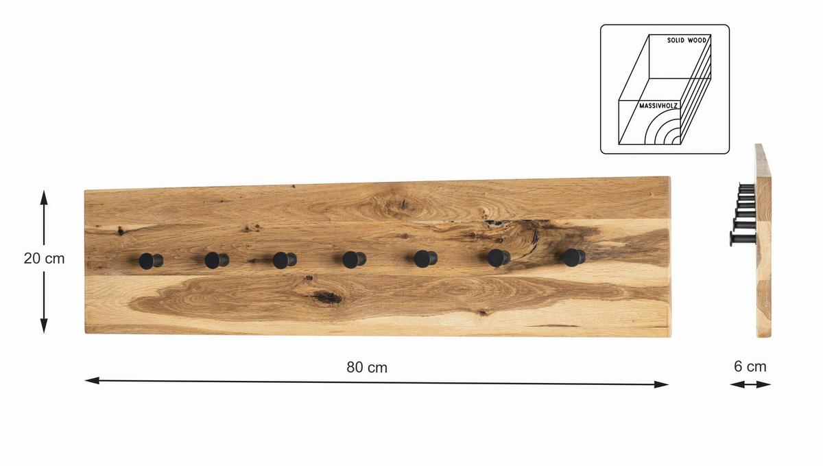 Garderobenpaneel Milano Eichefarben 7 Haken B: 86 cm - Eichefarben/Schwarz, Basics, Holz/Metall (80/20/6cm)