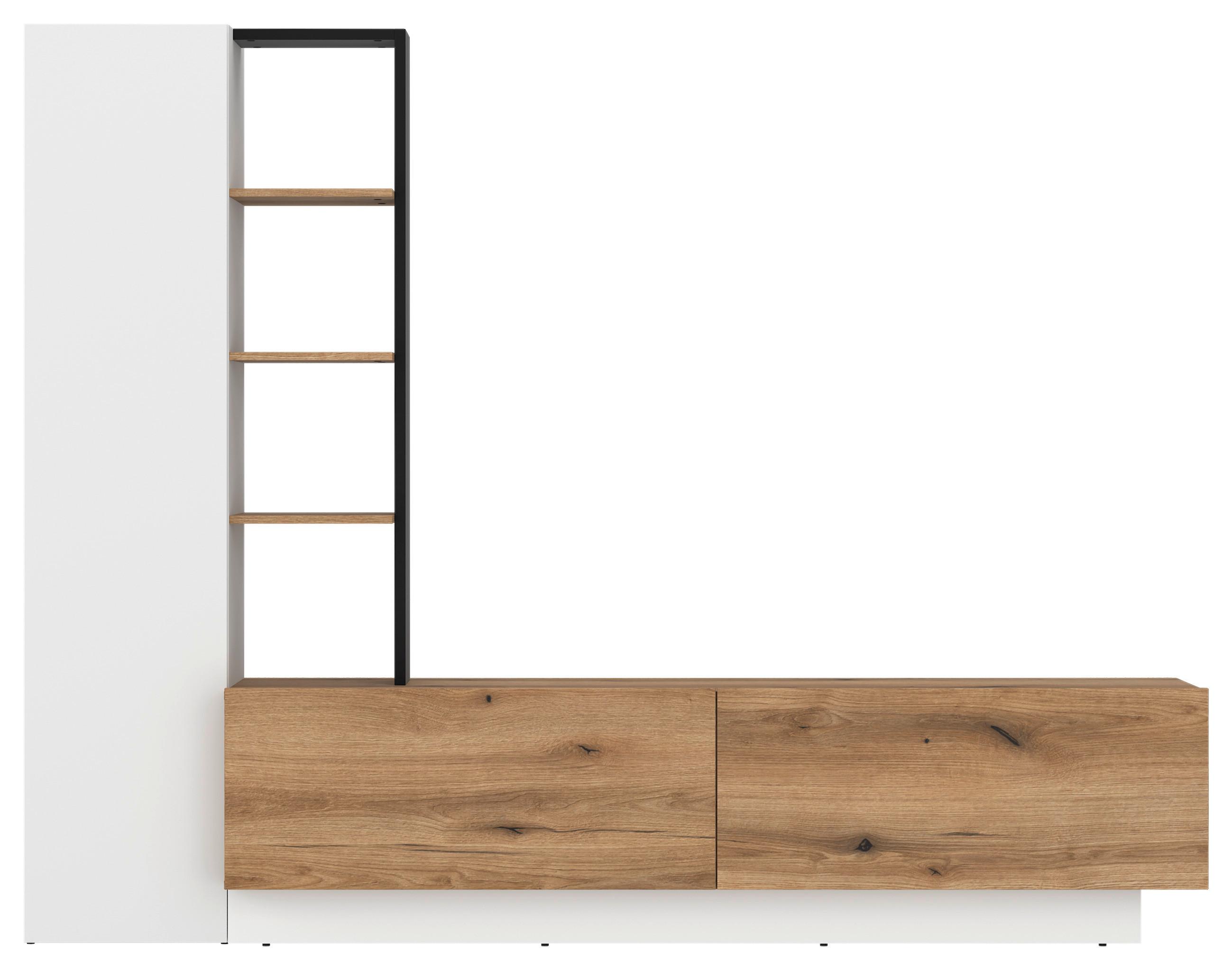 Wohnwand Tevisa B: 230 cm Alpinweiss/Eichefarben - Eichefarben/Schwarz, MODERN, Holzwerkstoff (230/180/41,6cm)