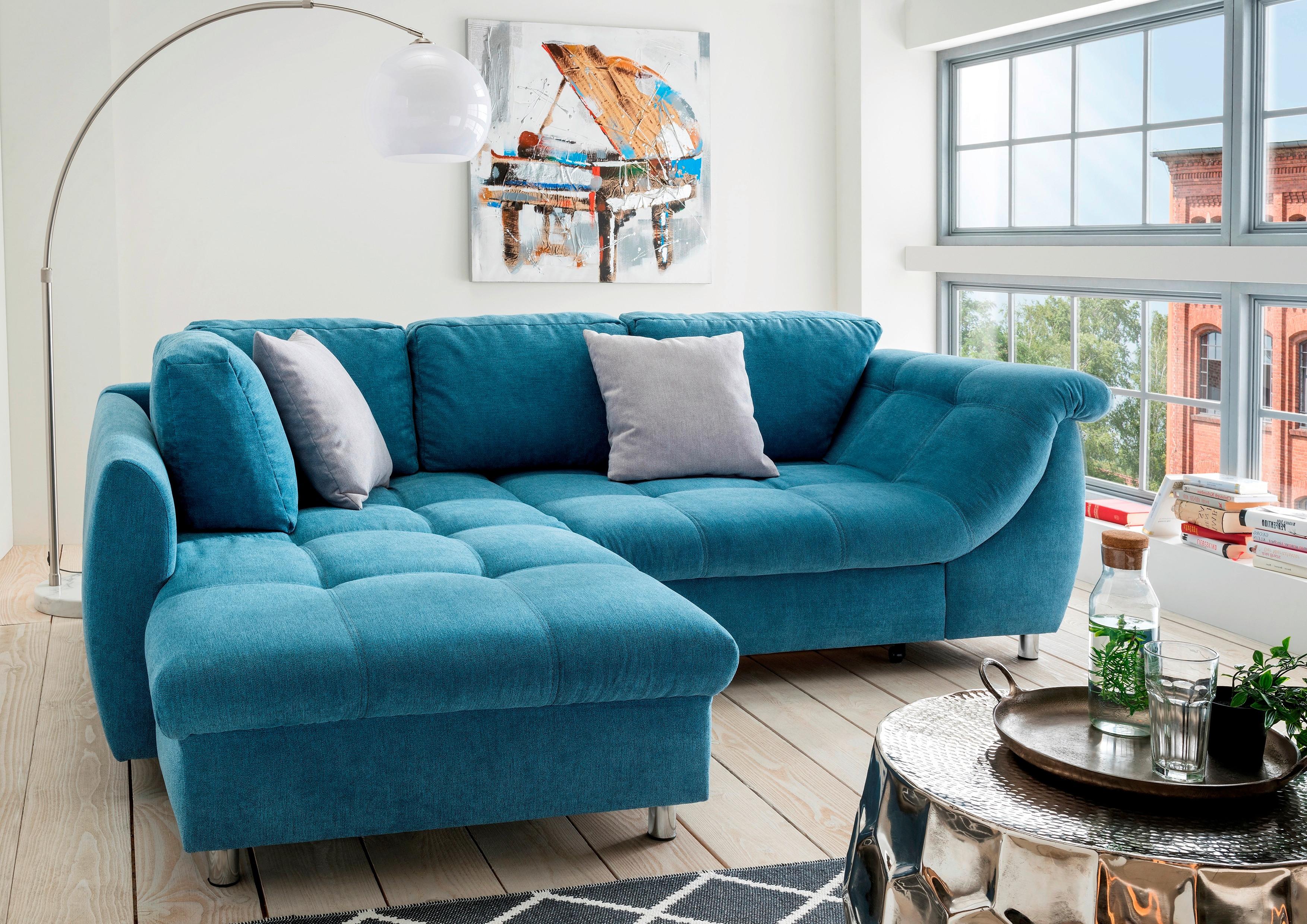 Ecksofa mit Schlaffunktion + Zierkissen Agira, Mikrofaser - Chromfarben/Blau, Design, Textil (190/250cm) - Livetastic