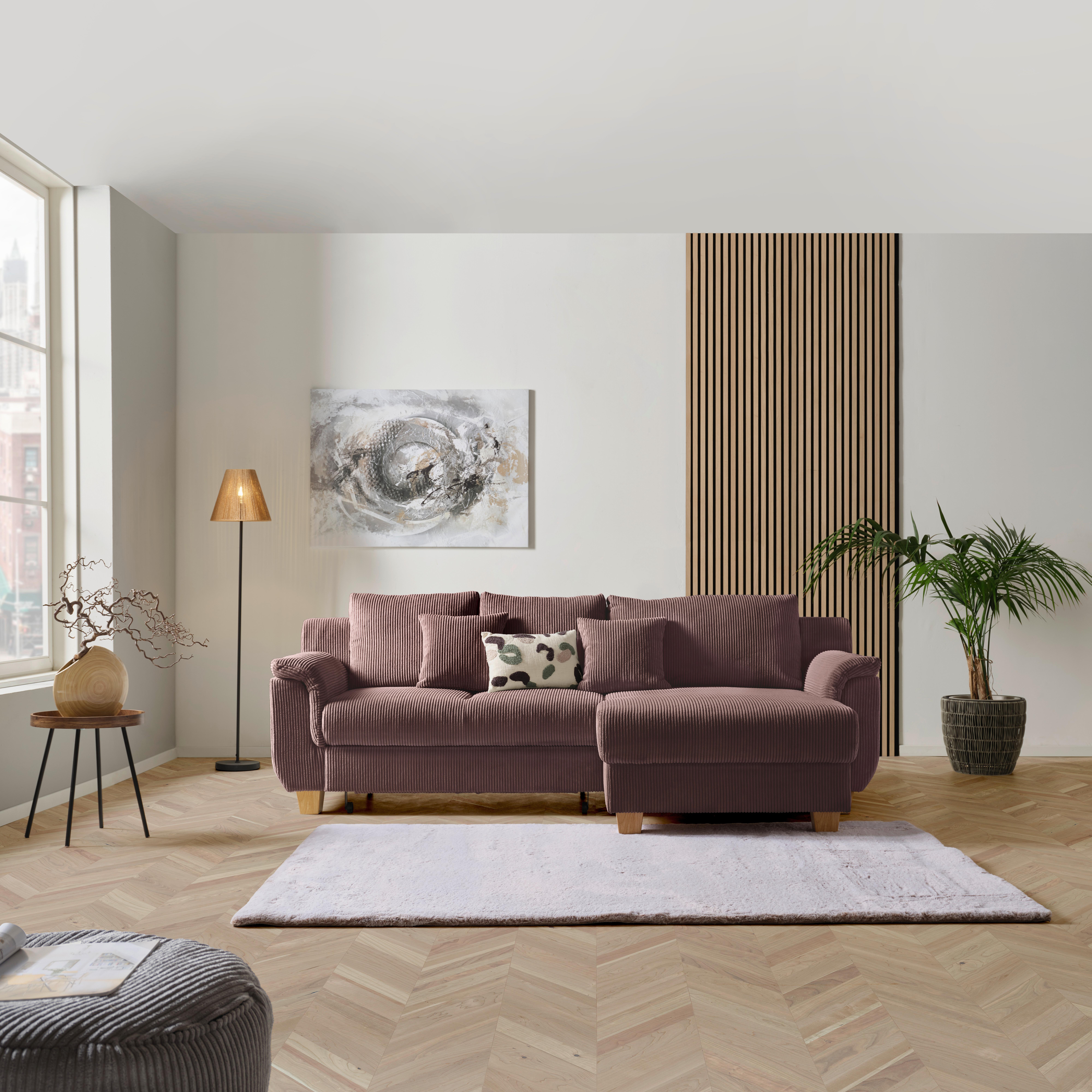 Rohová sedačka ALEX, růžový manšestr - růžová/přírodní barvy, Moderní, textil/plast (246/88cm)