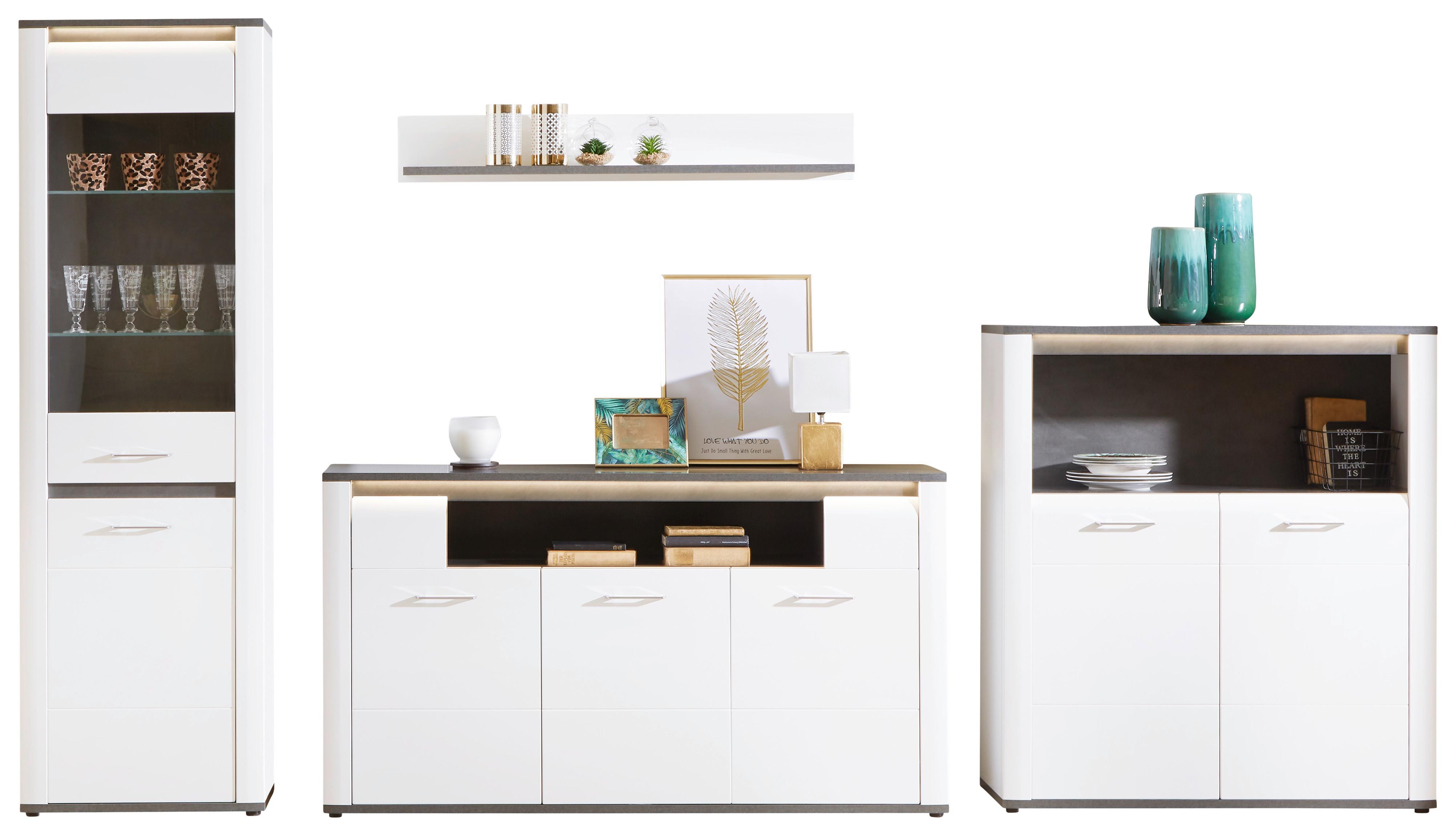 Wohnkombination Modern 4 -Teilig. mit Led Alassio 4, Weiß/Matera