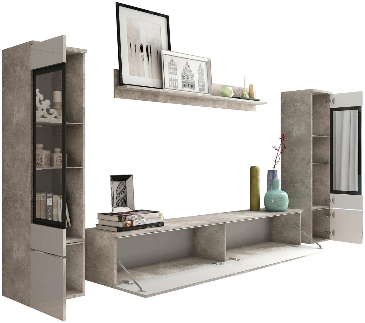 Obývací stěna s LED bílá VL/dekor beton - šedá/vysoce lesklá bílá, Lifestyle, kompozitní dřevo/plast (240/130/33cm) - P & B