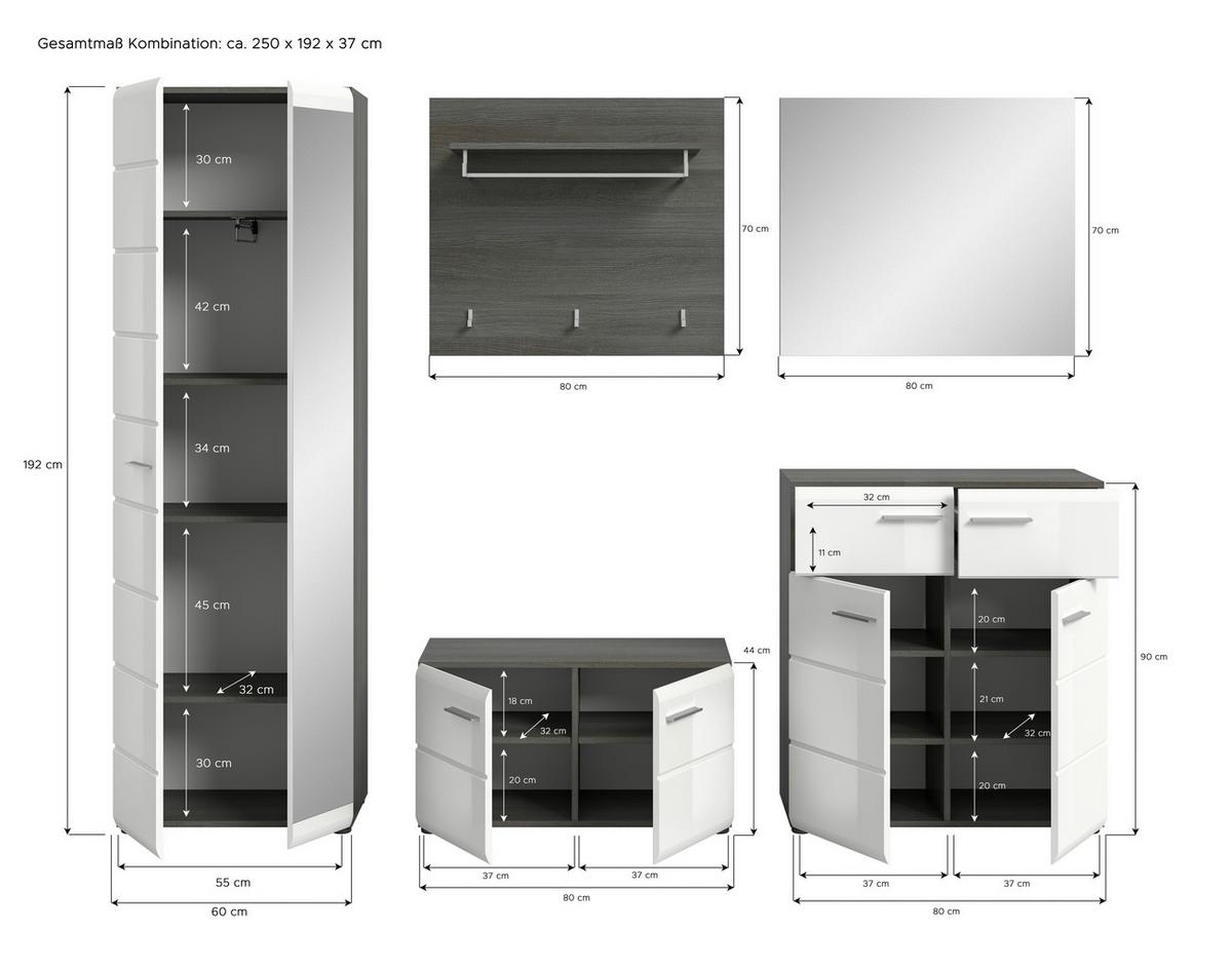 Garderobe Salsa - Weiß Hochglanz, Design, Glas/Holzwerkstoff (250/192/37cm) - MID.YOU