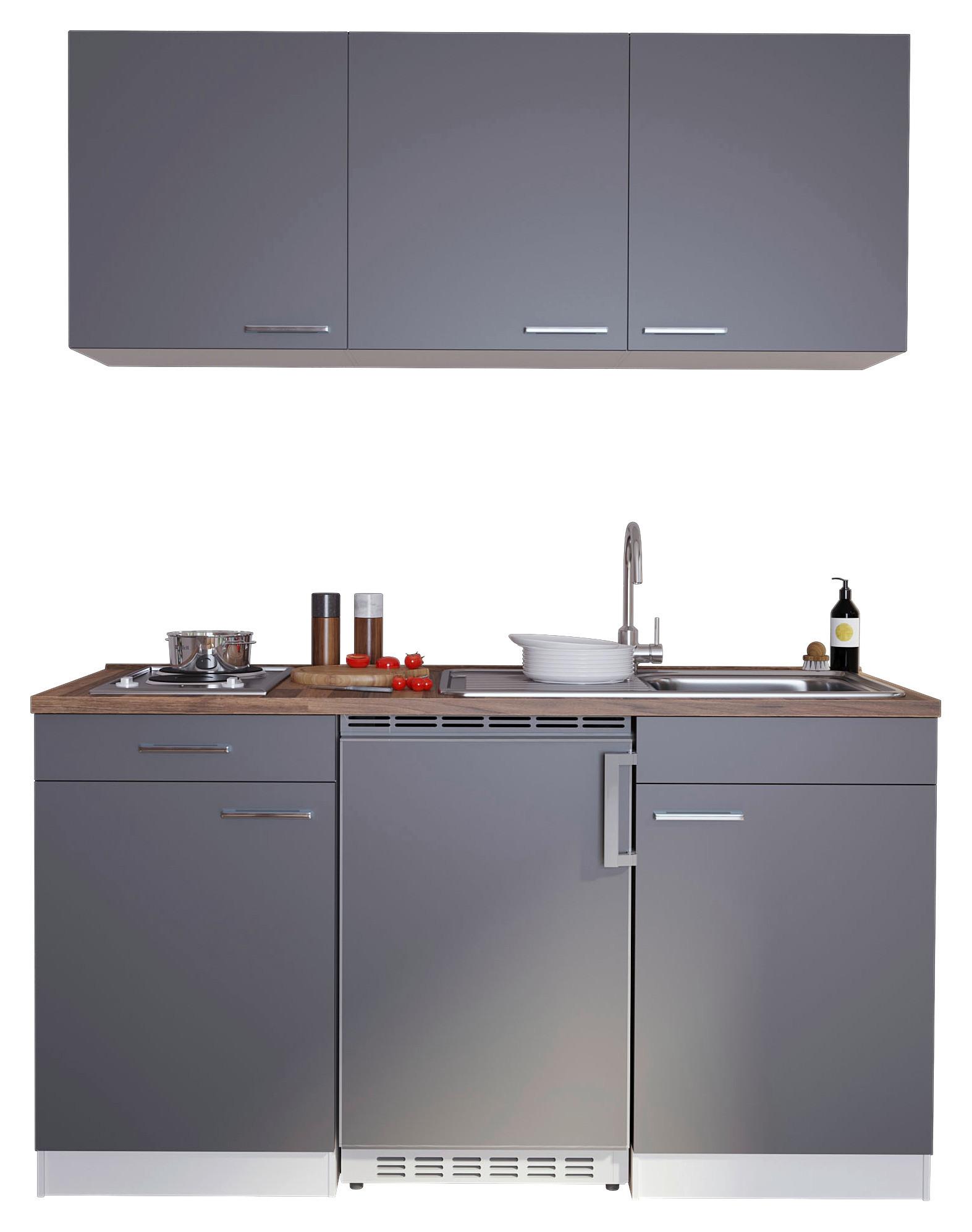 Miniküche Economy mit Geräten 150 cm Grau/ Nussbaum Dekor - Nussbaumfarben/Weiß, Basics, Holzwerkstoff (150cm) - Respekta