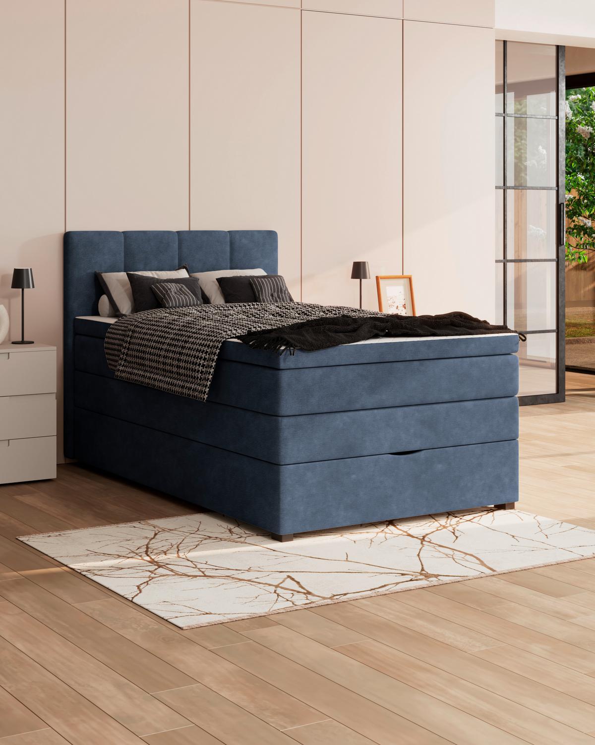 Boxspringbett mit Topper & Bettkasten 120x200 Lauro - Blau/Schwarz, Trend, Textil (120/200cm)
