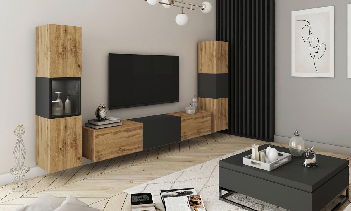 Wohnwand Berlin IIi Eiche Wotan/Schwarz B: 240 cm - Eiche Wotan/Schwarz, Design, Glas/Holzwerkstoff (240/130/31cm) - MID.YOU