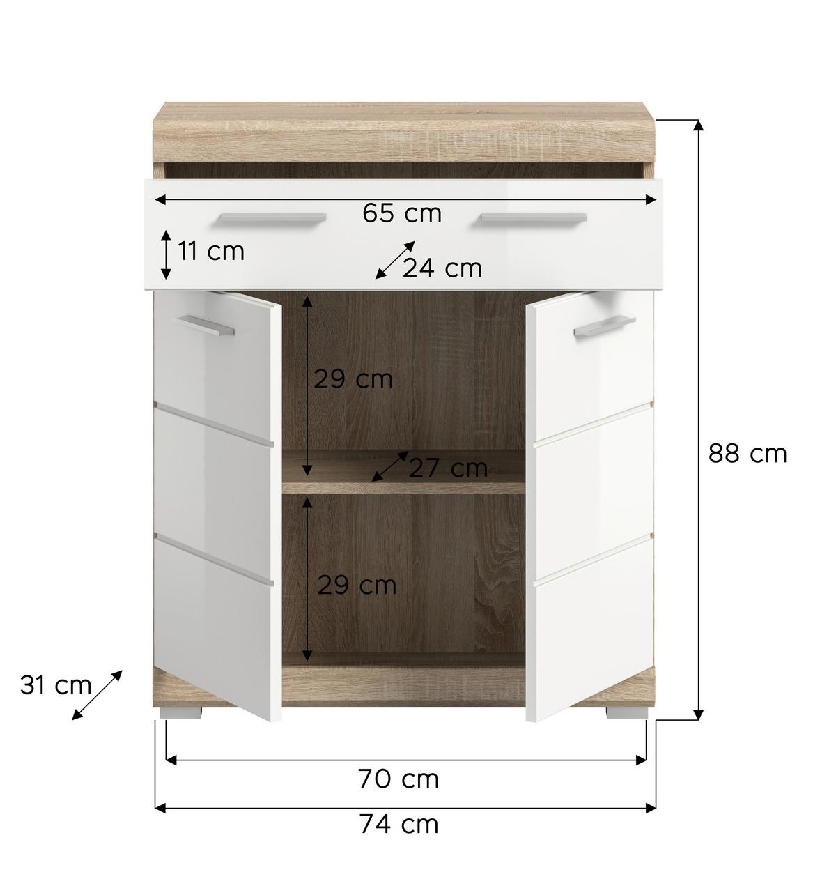 Midischrank Lambada Eiche Dekor/Weiß B: 74 cm - Weiß Hochglanz/Eichefarben, MODERN, Holzwerkstoff (74/88/31cm) - MID.YOU