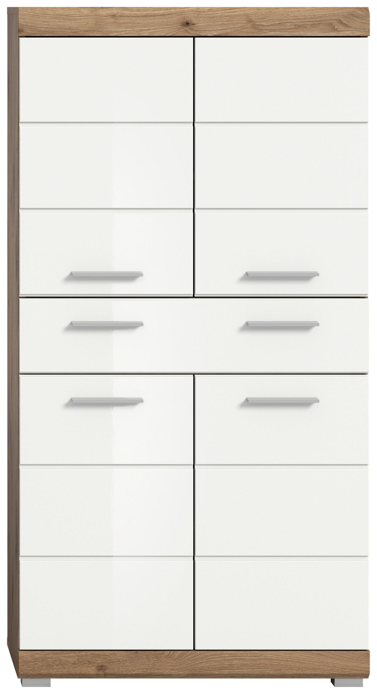 Stredne vysoká skrinka Wave, biela/dub - biela s vysokým leskom/farba jelše, Modern, kompozitné drevo/plast (74/141/31cm) - MID.YOU