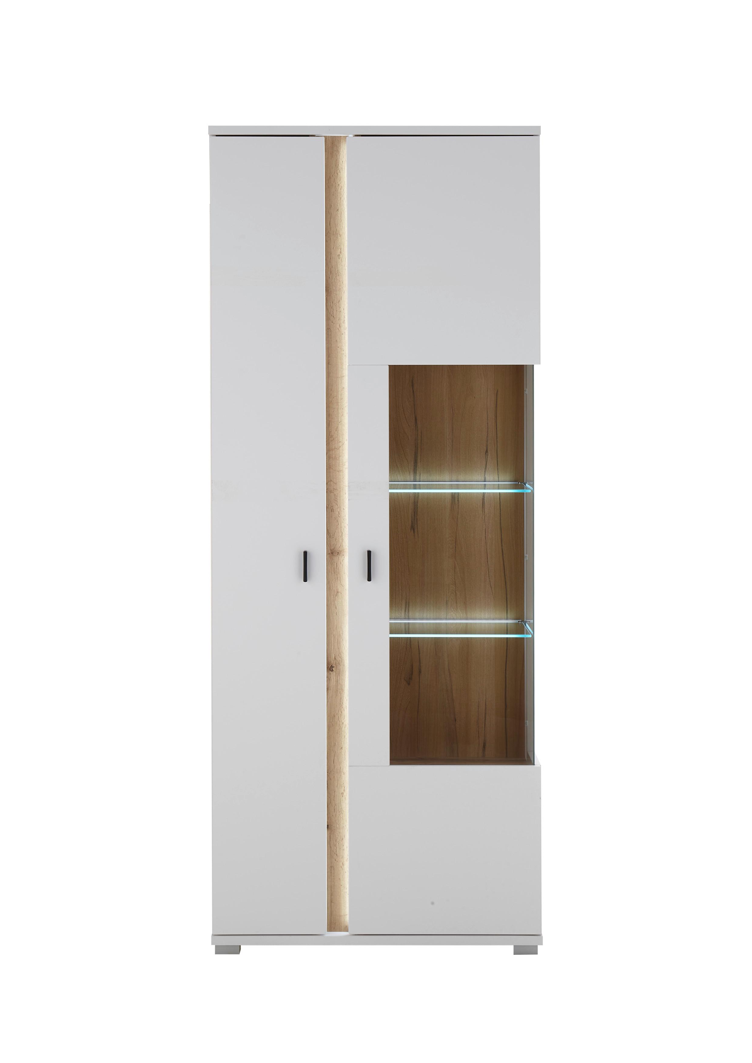 Vitrine Long Island Weiß/Eiche Wotan B: 80 cm - Silberfarben/Eiche Wotan, Design, Glas/Holzwerkstoff (80/200/35cm) - MID.YOU