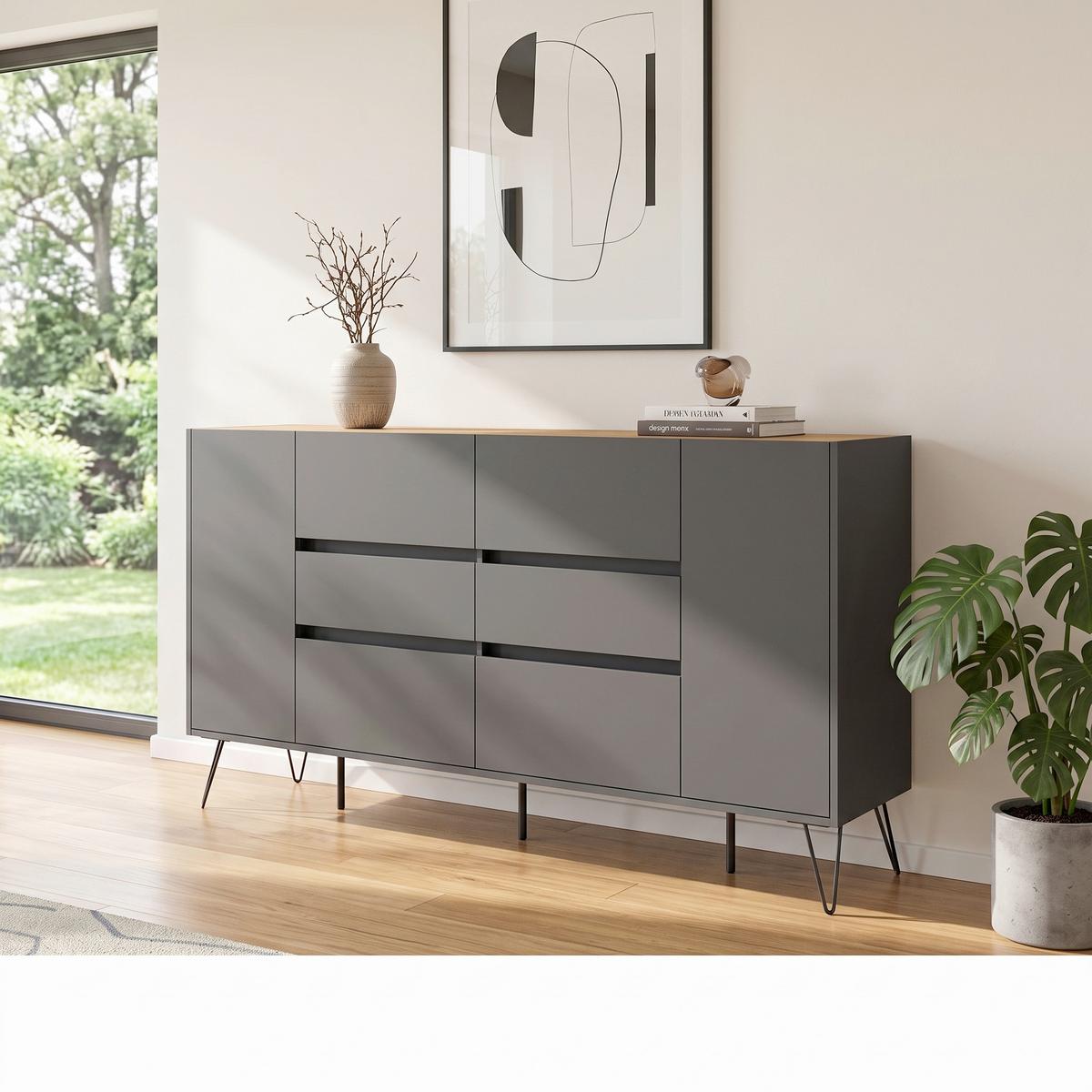 Sideboard Posseik Industrial Graphitfarben/Eichefarben B: 199cm - Eichefarben/Graphitfarben, Design, Holzwerkstoff (199/93,6/42cm) - MID.YOU