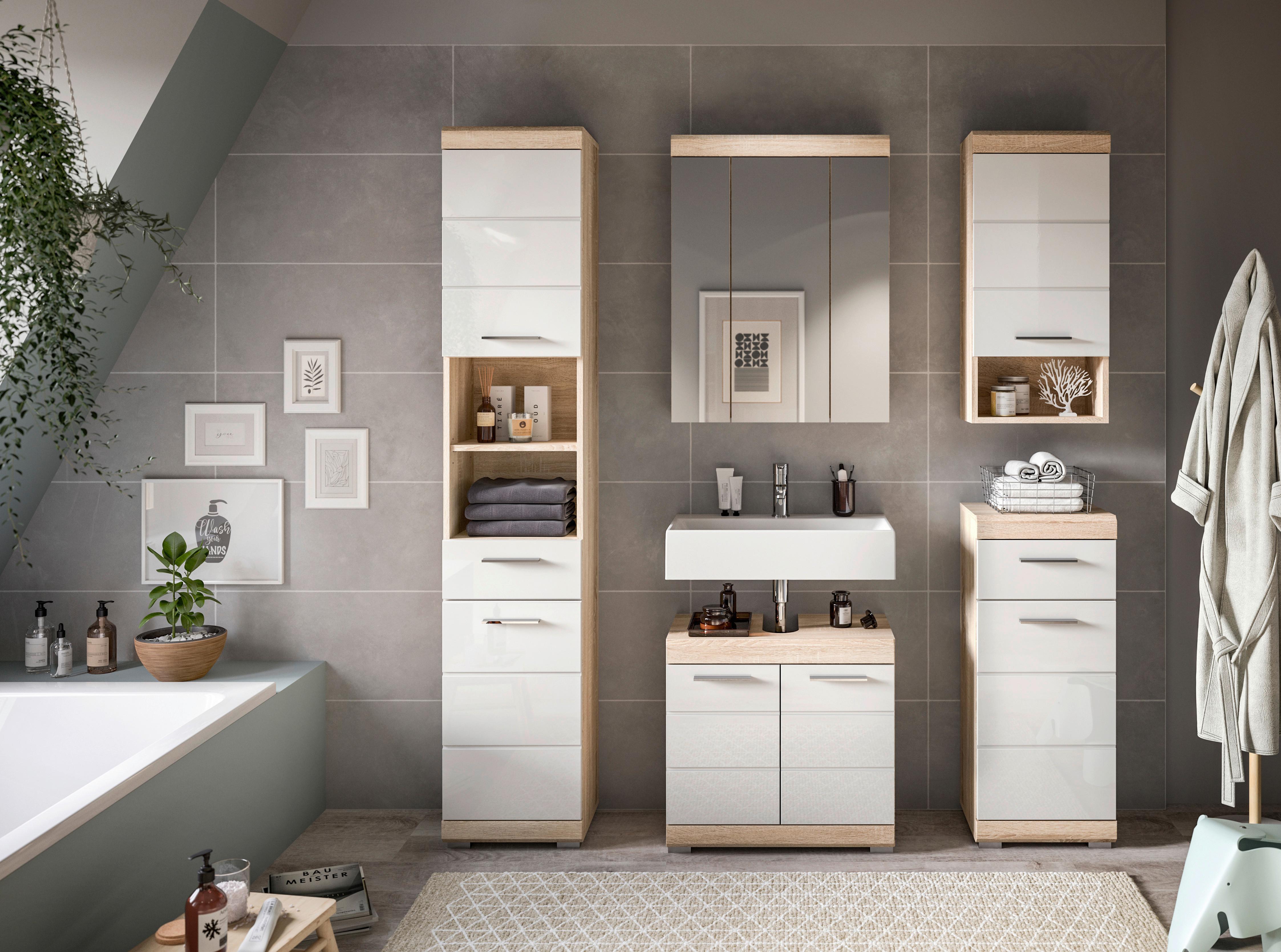 Badezimmer Lambada Eiche Dekor/Weiß B: 134 cm - Weiß Hochglanz/Silberfarben, MODERN, Glas/Holzwerkstoff (134cm) - MID.YOU