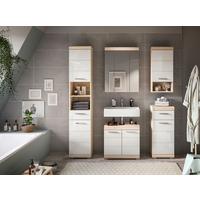 Badezimmer Lambada Eiche Dekor/Weiß B: 134 cm - Weiß Hochglanz/Silberfarben, MODERN, Glas/Holzwerkstoff (134cm) - MID.YOU