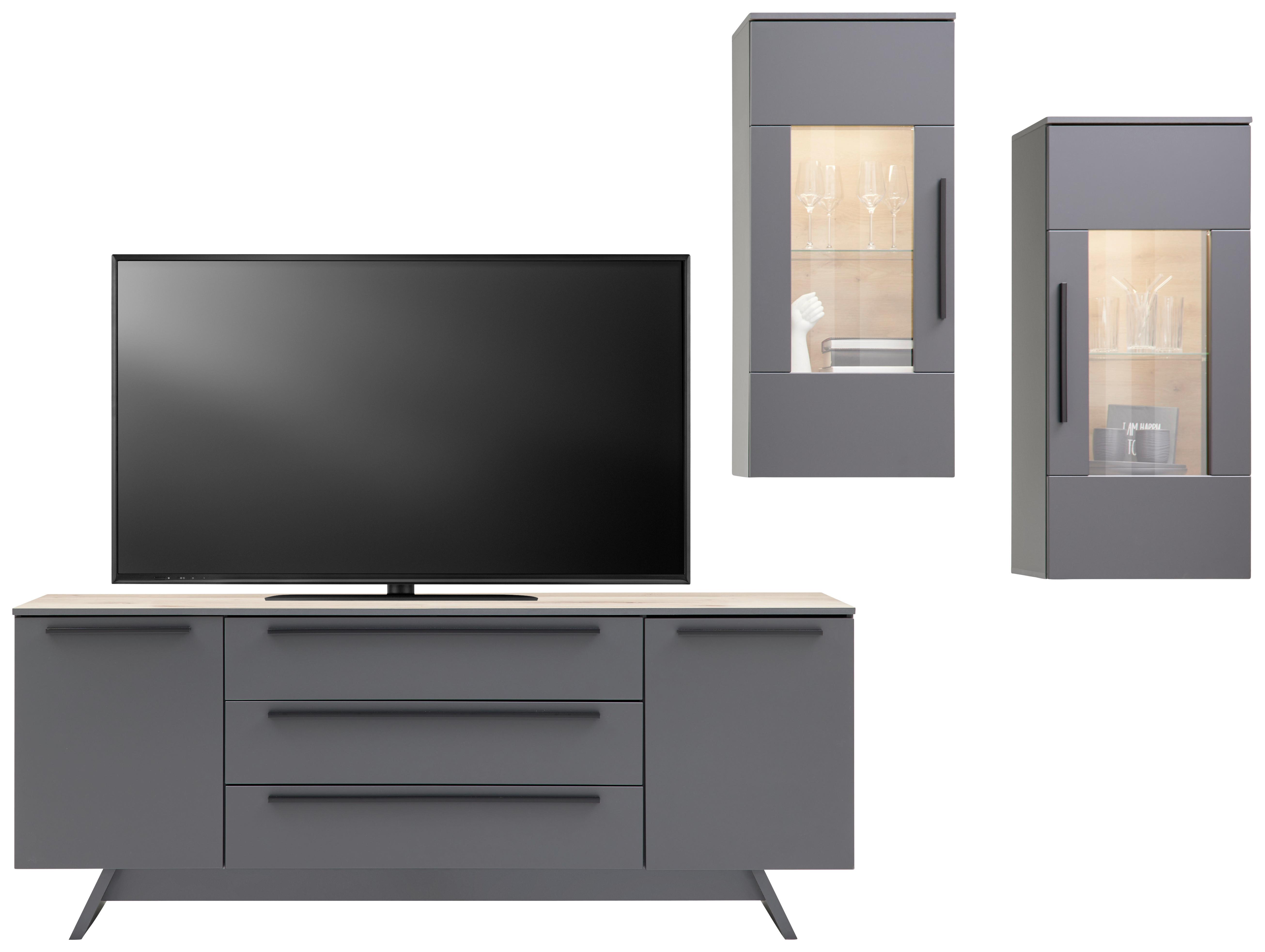 Wohnkombination Modern 3-Tlg. Atlanta Grau/Eiche Dekor - Eichefarben/Silberfarben, MODERN, Glas/Holzwerkstoff (300,3/203,2/46,2cm)