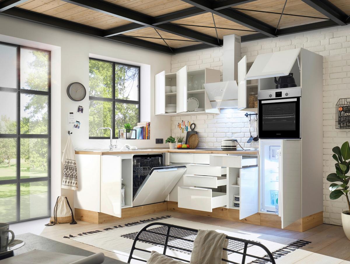 Eckküche mit Geräten 280x170 cm Weiß/Eiche Dekor, Modern - Weiß Hochglanz/Weiß, LIFESTYLE, Holzwerkstoff (280/170cm) - Respekta