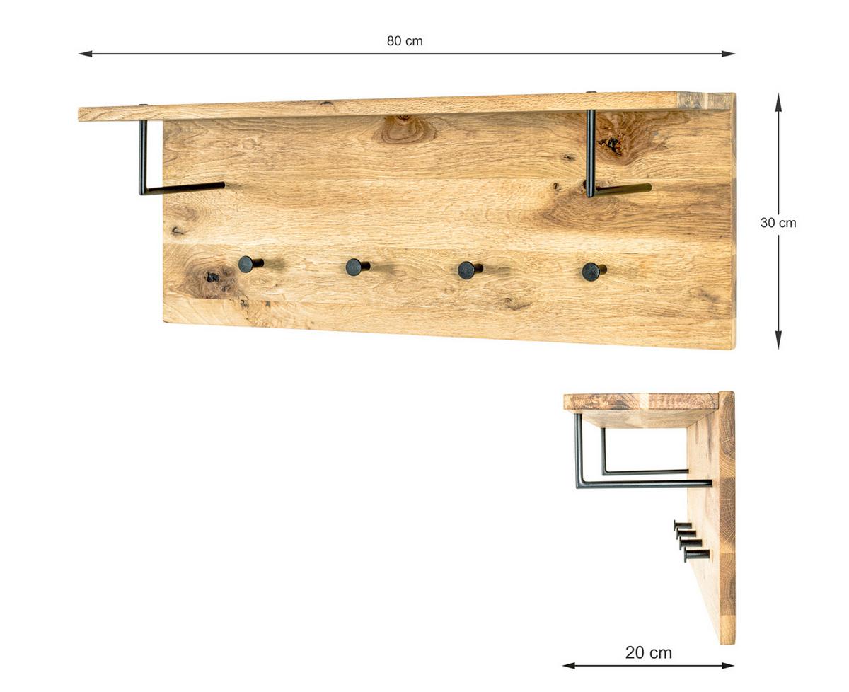 Garderobenpaneel Eiche Massiv Hutablage 4 Haken B: 80 Cm - Eichefarben/Schwarz, Basics, Holz/Metall (80/30/20cm)