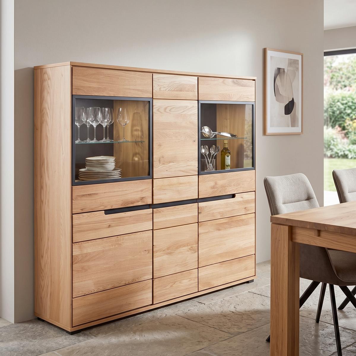 Highboard massiv 162,5cm Lola Giga Wildeiche - Wildeiche/Schwarz, KONVENTIONELL, Glas/Naturmaterialien (162,5/146,5/40,5cm)
