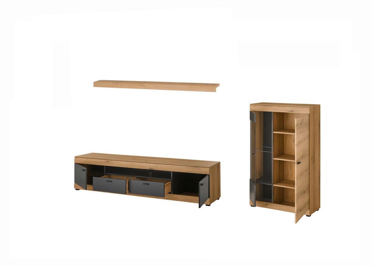 Wohnwand Soleto Graphit/Eichefarben B: 300cm - Eichefarben/Schwarz, Design, Glas/Holzwerkstoff (300/170/45cm) - MID.YOU