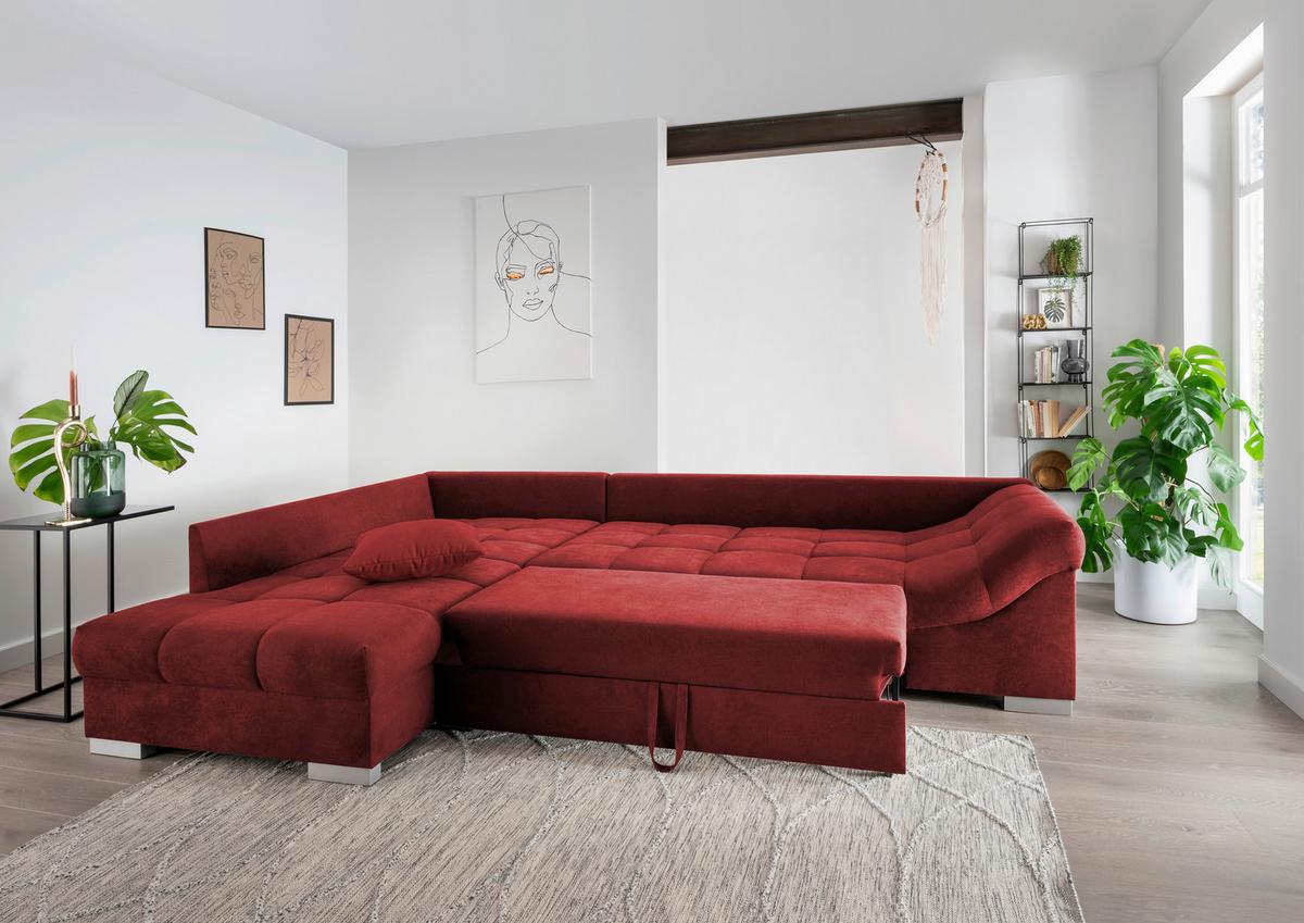 Eckschlafsofa Alvito Rot S: 202/298 cm - Rot/Silberfarben, Design, Textil (202/298cm) - MID.YOU