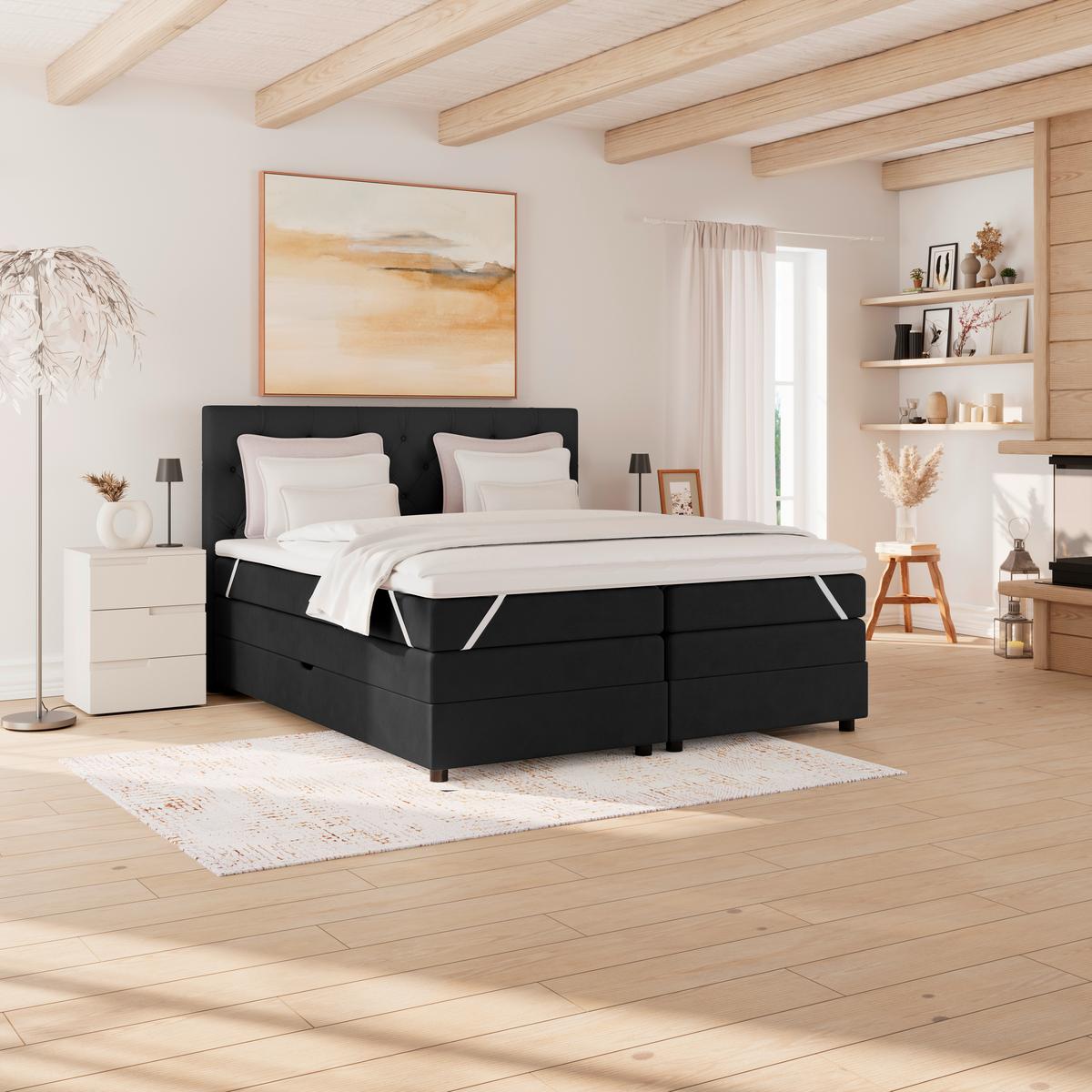 Boxspringbett Elio Schwarz 180x200 cm H2 - Schwarz, ROMANTIK / LANDHAUS, Textil (184/121/212cm) - James Wood