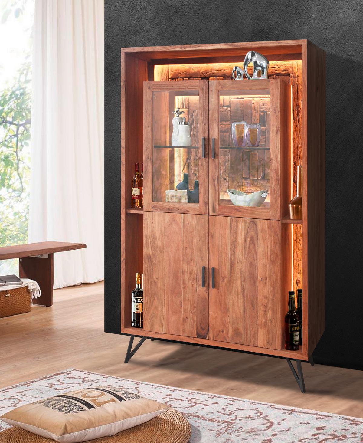 Vitrine Indira Akazie Massiv, B: 115 cm - Schwarz/Akaziefarben, ROMANTIK / LANDHAUS, Glas/Holz (115/195/40cm)
