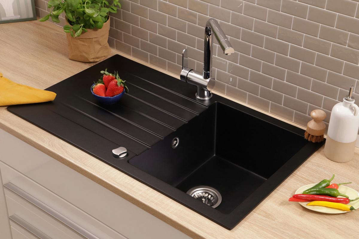 SPÜLE Almonto, Schwarz B: 86 cm - Schwarz, Trend, Stein (86/22/50cm) - Respekta