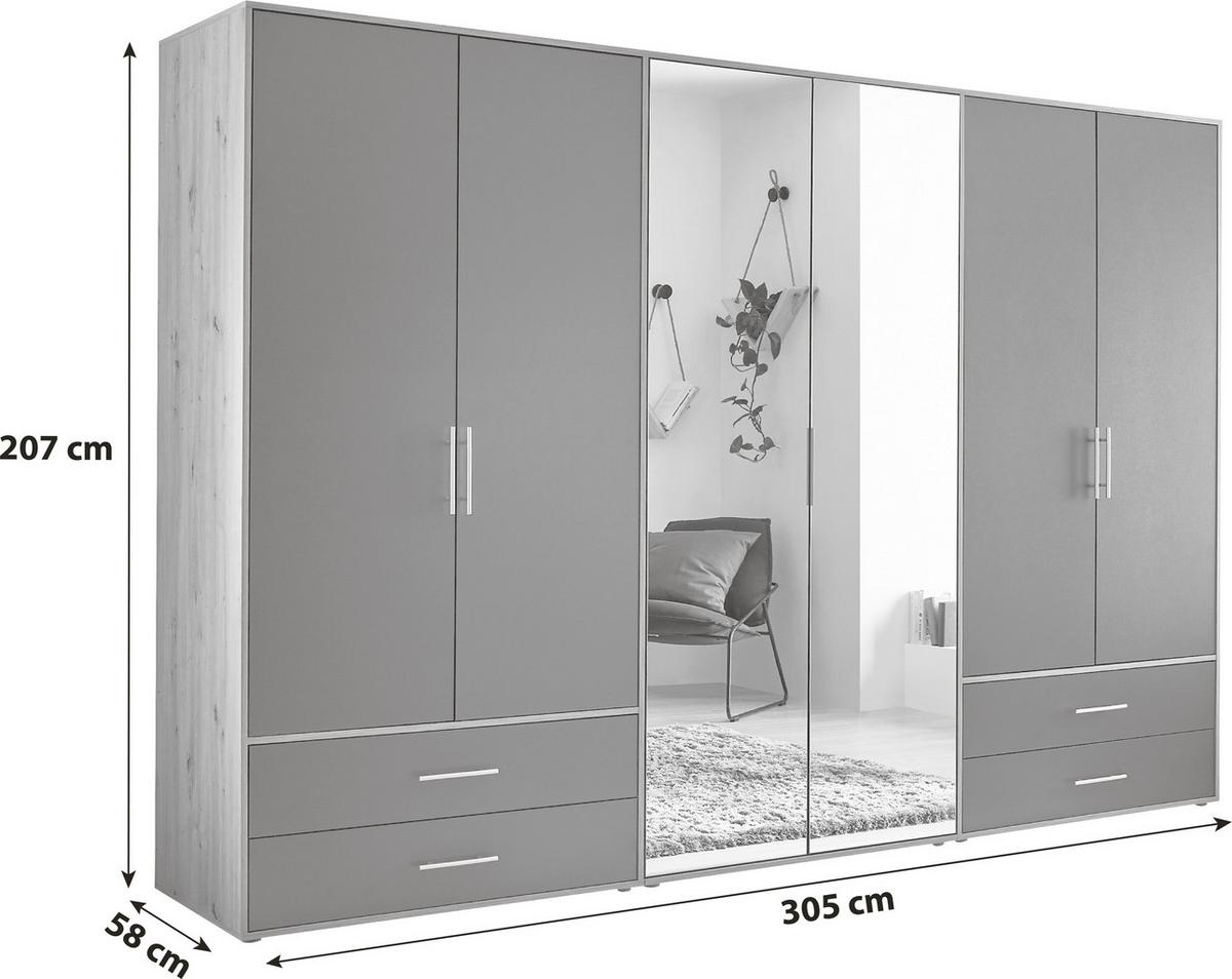 Kleiderschrank Velas, Eiche Artisan, Graphit , B: 302 cm - Graphitfarben/Eiche Artisan, KONVENTIONELL, Glas/Holzwerkstoff (305/207/58cm)