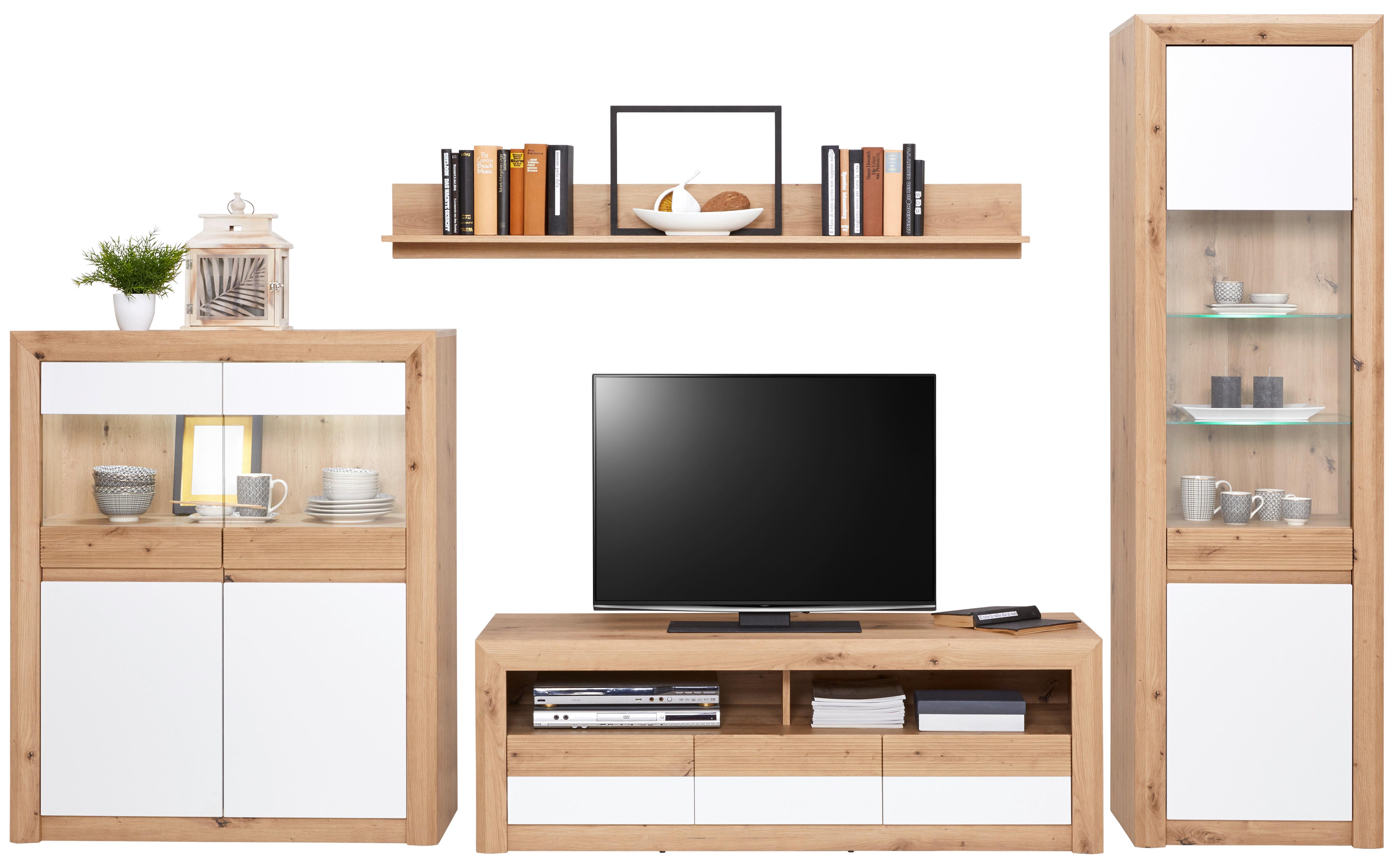 Wohnkombination 4-Tlg. mit Led Kashmir New, Eiche Dekor/Weiß - Eichefarben/Weiß, MODERN, Holzwerkstoff (299/192/49cm) - James Wood