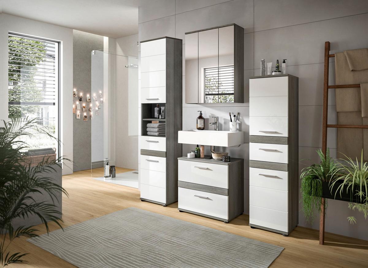 Badezimmer Blake Weiß Hg B: 150 Cm - Weiß Hochglanz/Schwarz, MODERN, Glas/Holzwerkstoff (150cm) - MID.YOU