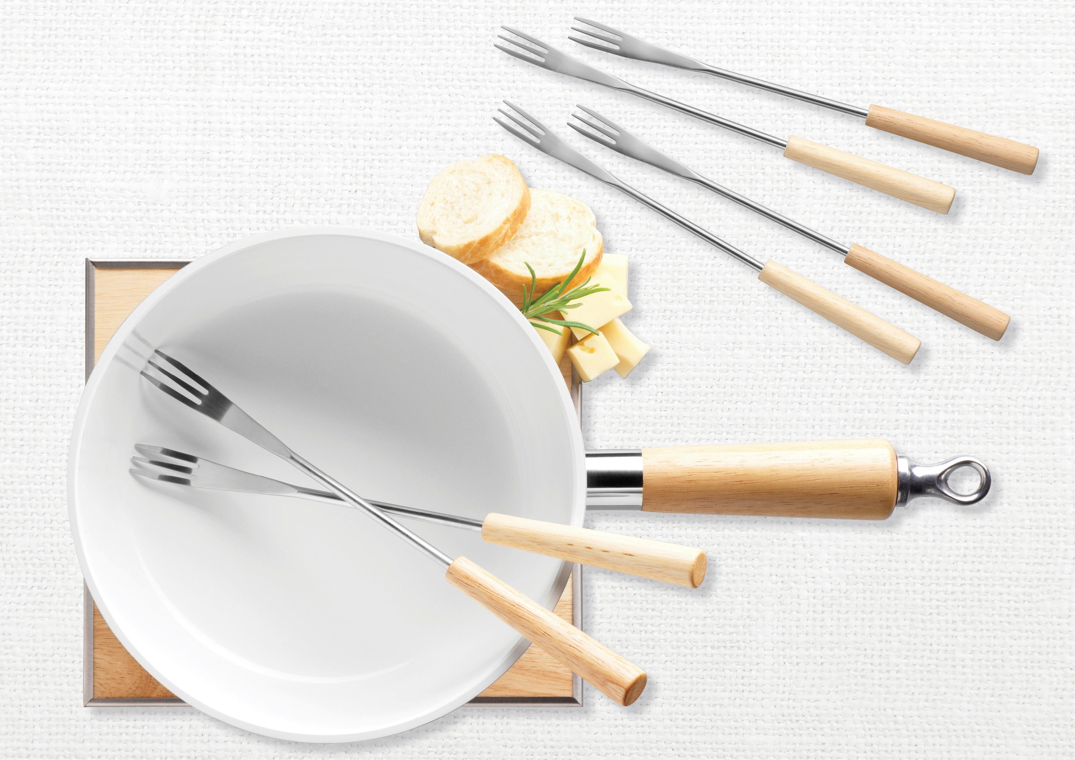 Fondue-Set 6 Gabeln Edelstahl - Hellbraun/Weiß, Trend, Holz/Metall (37,5/19/20cm) - Mäser