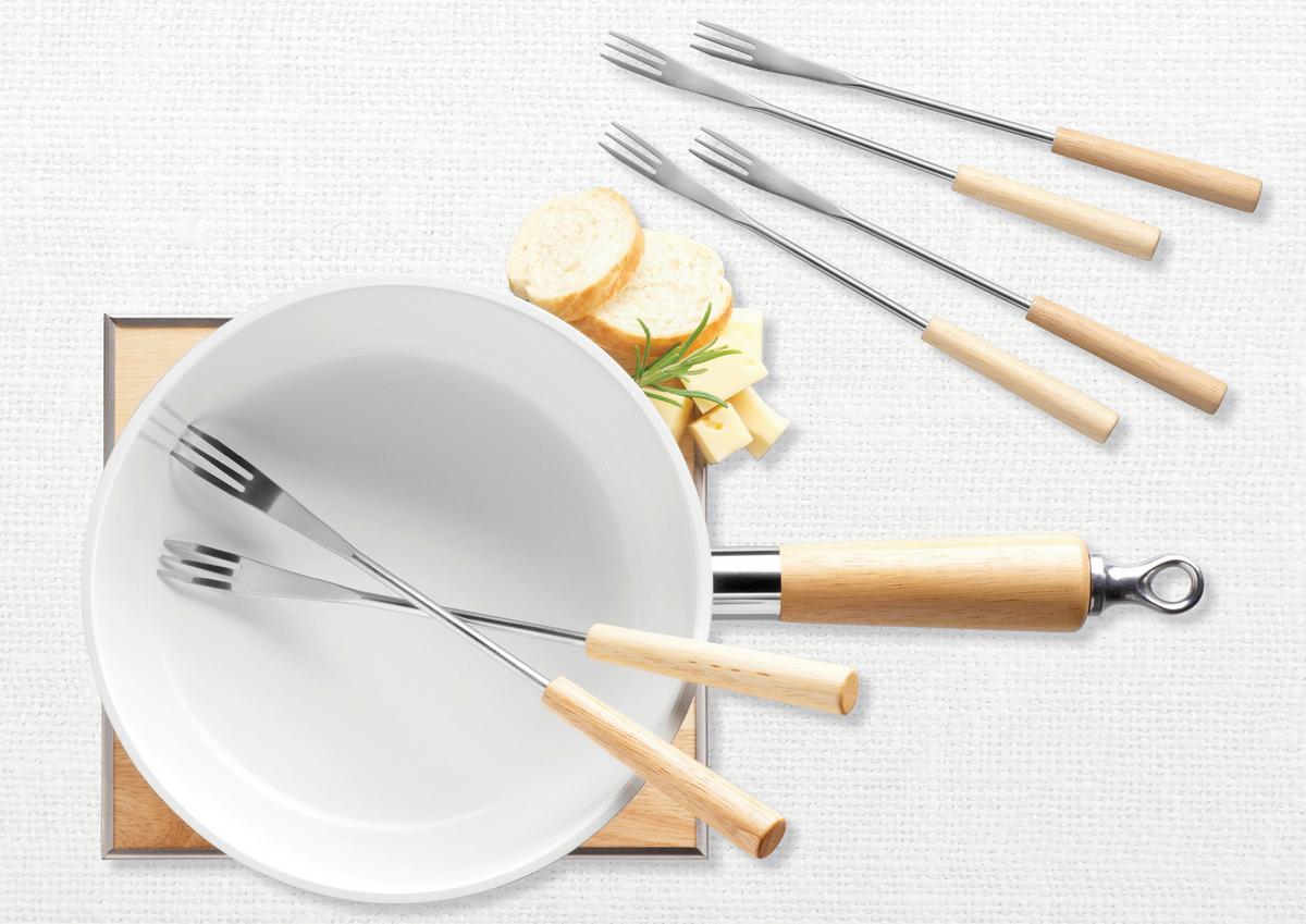 Fondue-Set 6 Gabeln Edelstahl - Hellbraun/Weiß, Trend, Holz/Metall (37,5/19/20cm) - Mäser