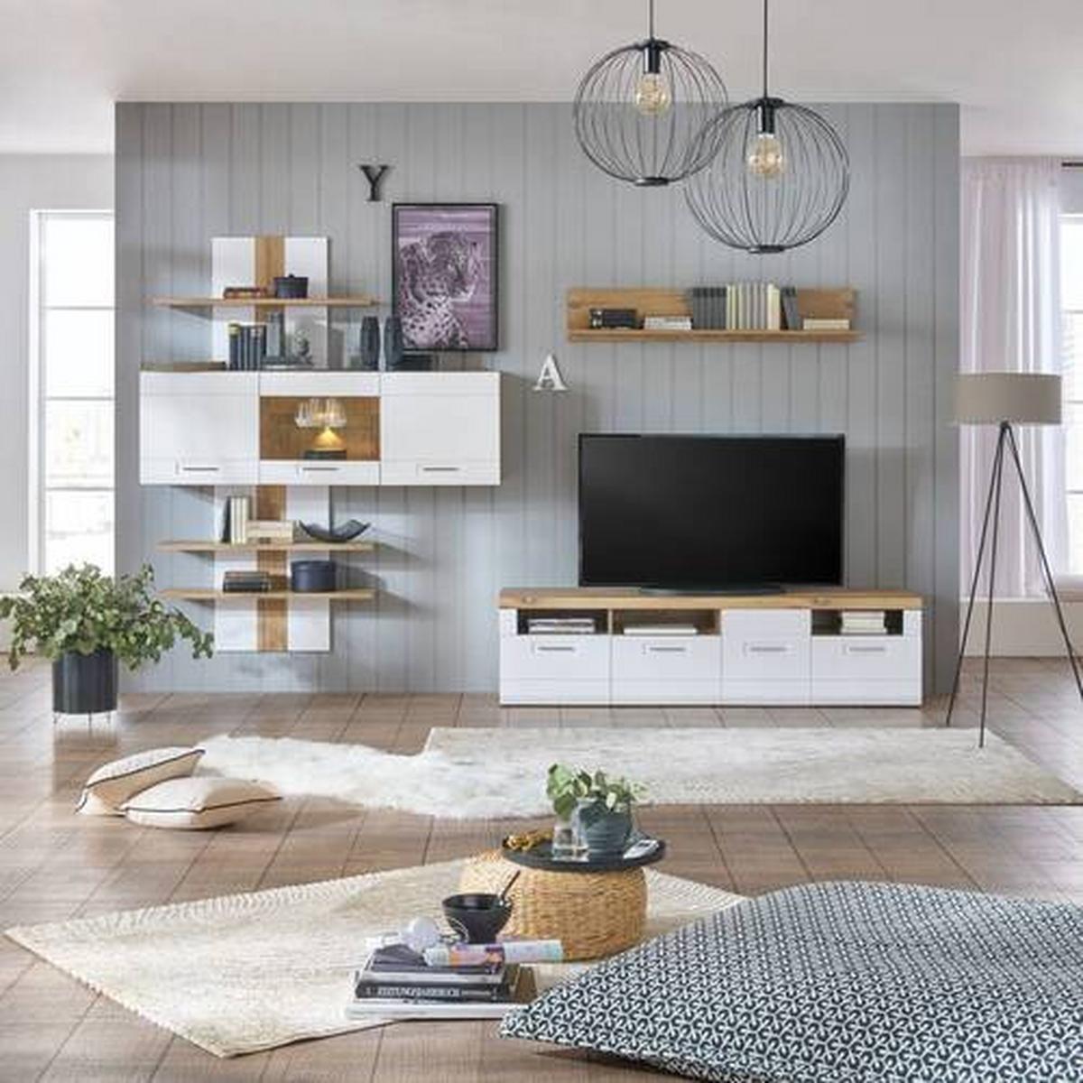 Wohnkombination 4-Tlg. Auris, Weiß/Eiche Dekor - Eichefarben/Weiß, MODERN, Glas/Holzwerkstoff (354,3/204,2/49,6cm) - Luca Bessoni