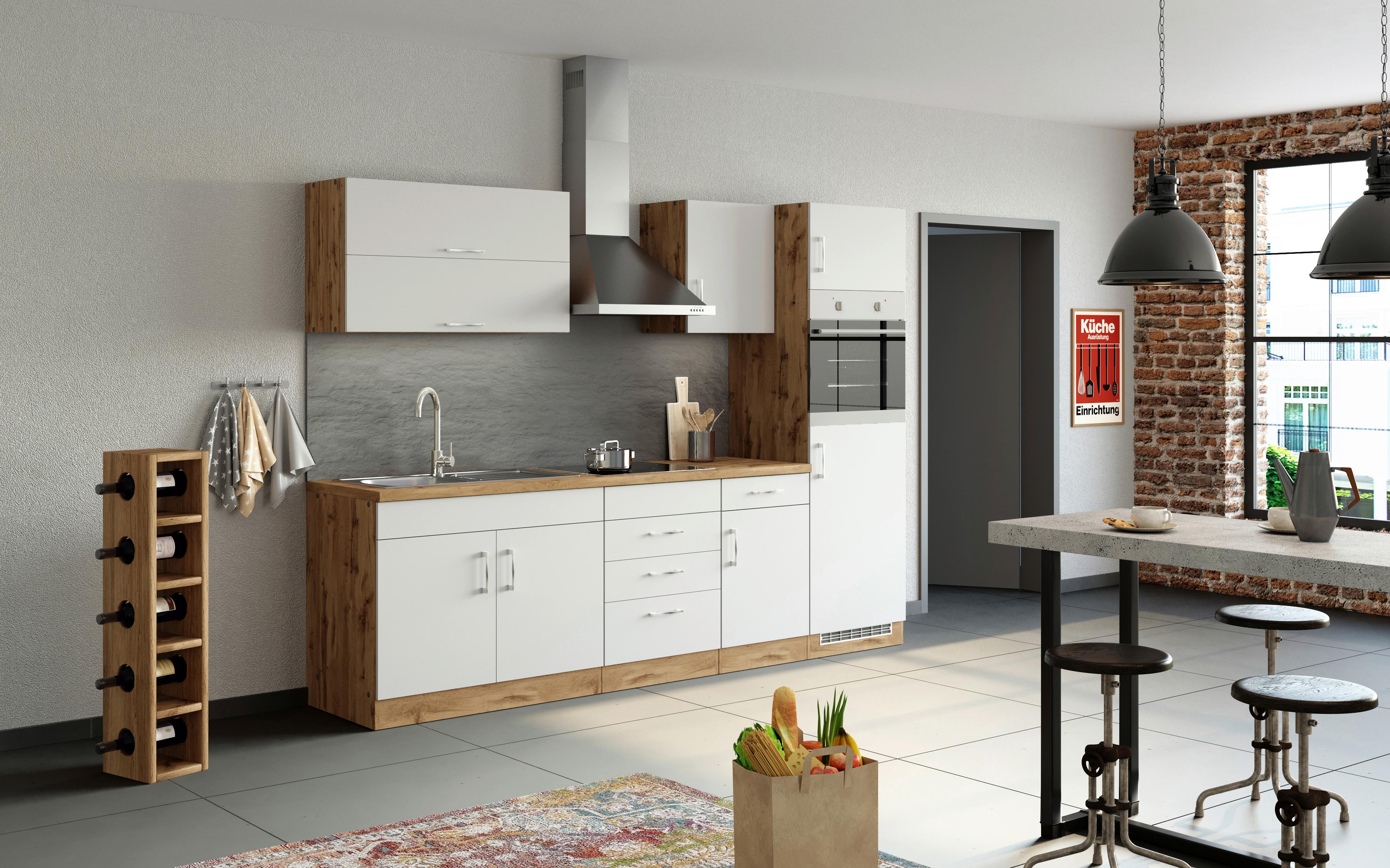 Küchenzeile Sorrento Mit Geräten 270cm Weiß/Eiche Dekor - Eiche Wotan/Weiß, MODERN, Holzwerkstoff (270cm) - Held