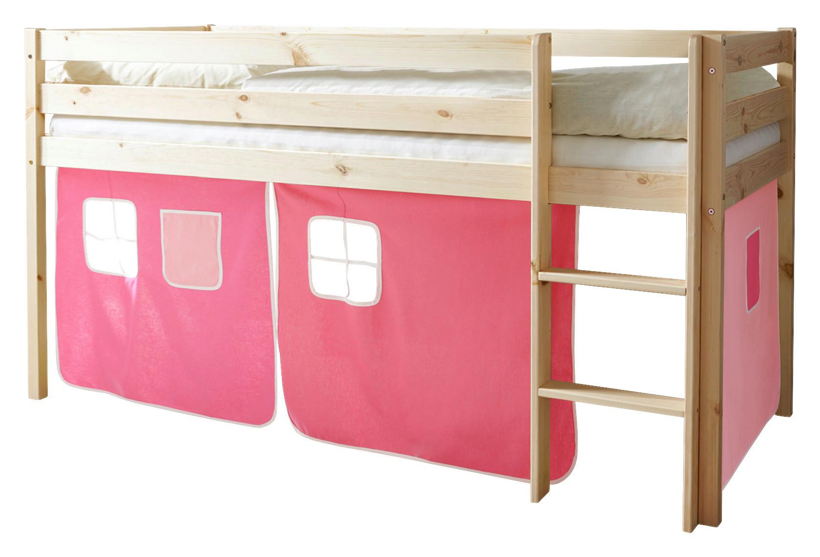 Spielbett Malte Rosa Kiefer massiv 90 cm Vorhang Leiter