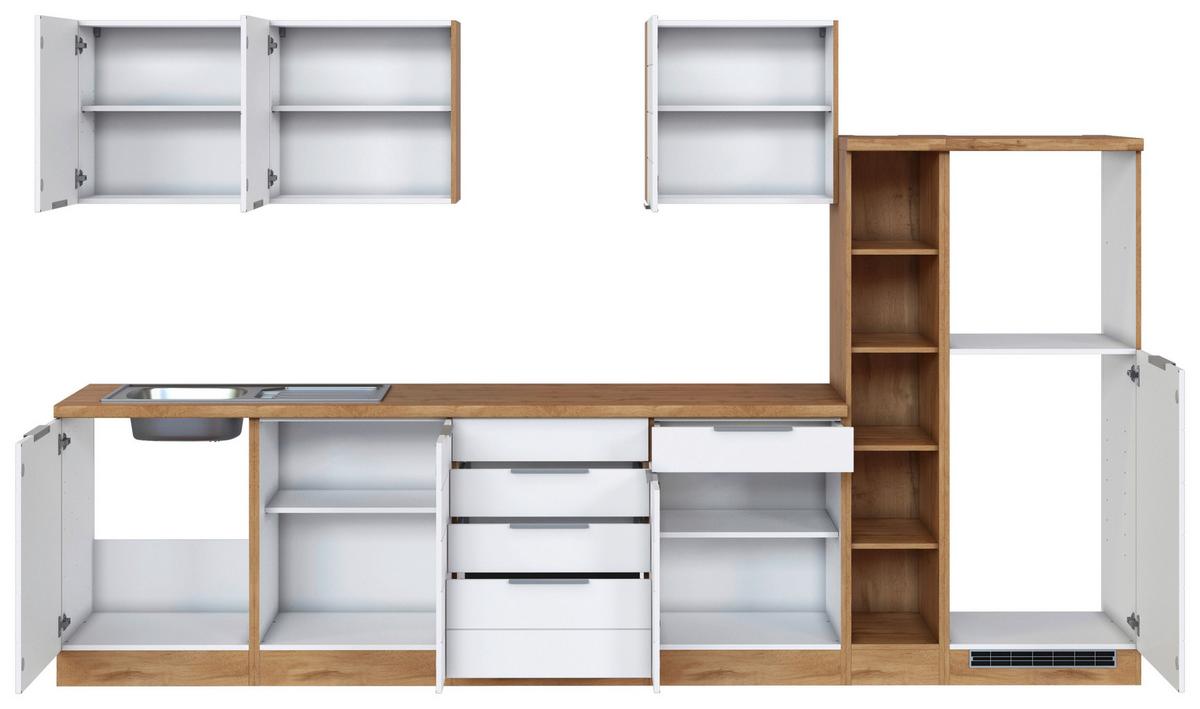 Küchenzeile Florenz ohne Geräte 330 cm Weiß/Eichef. - Eiche Wotan/Weiß, Design, Holzwerkstoff (330cm) - Held
