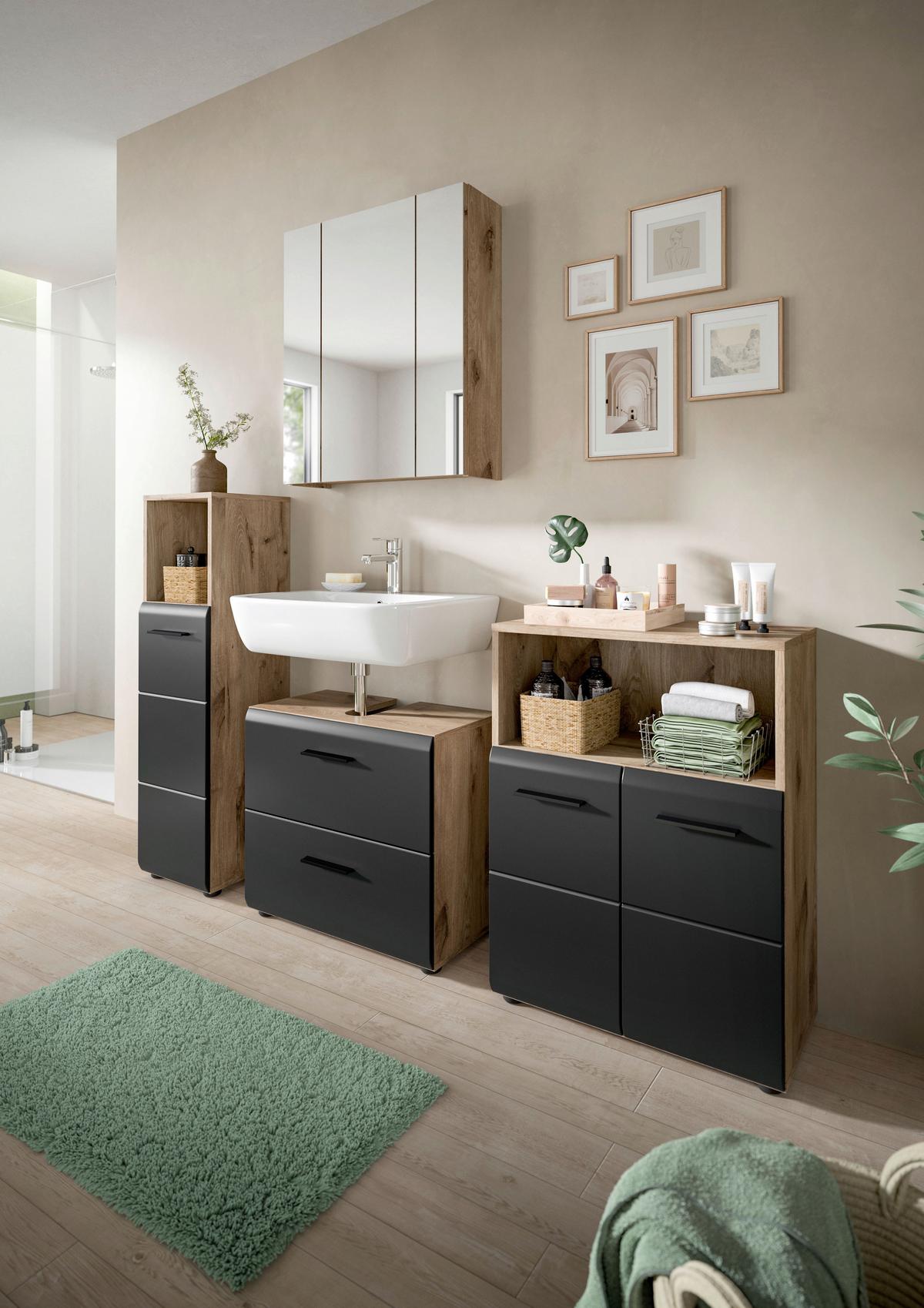 Badezimmer Ice Schwarz/Eiche Dekor B: 150cm - Eiche dunkel/Schwarz, Basics, Holzwerkstoff (150cm) - MID.YOU