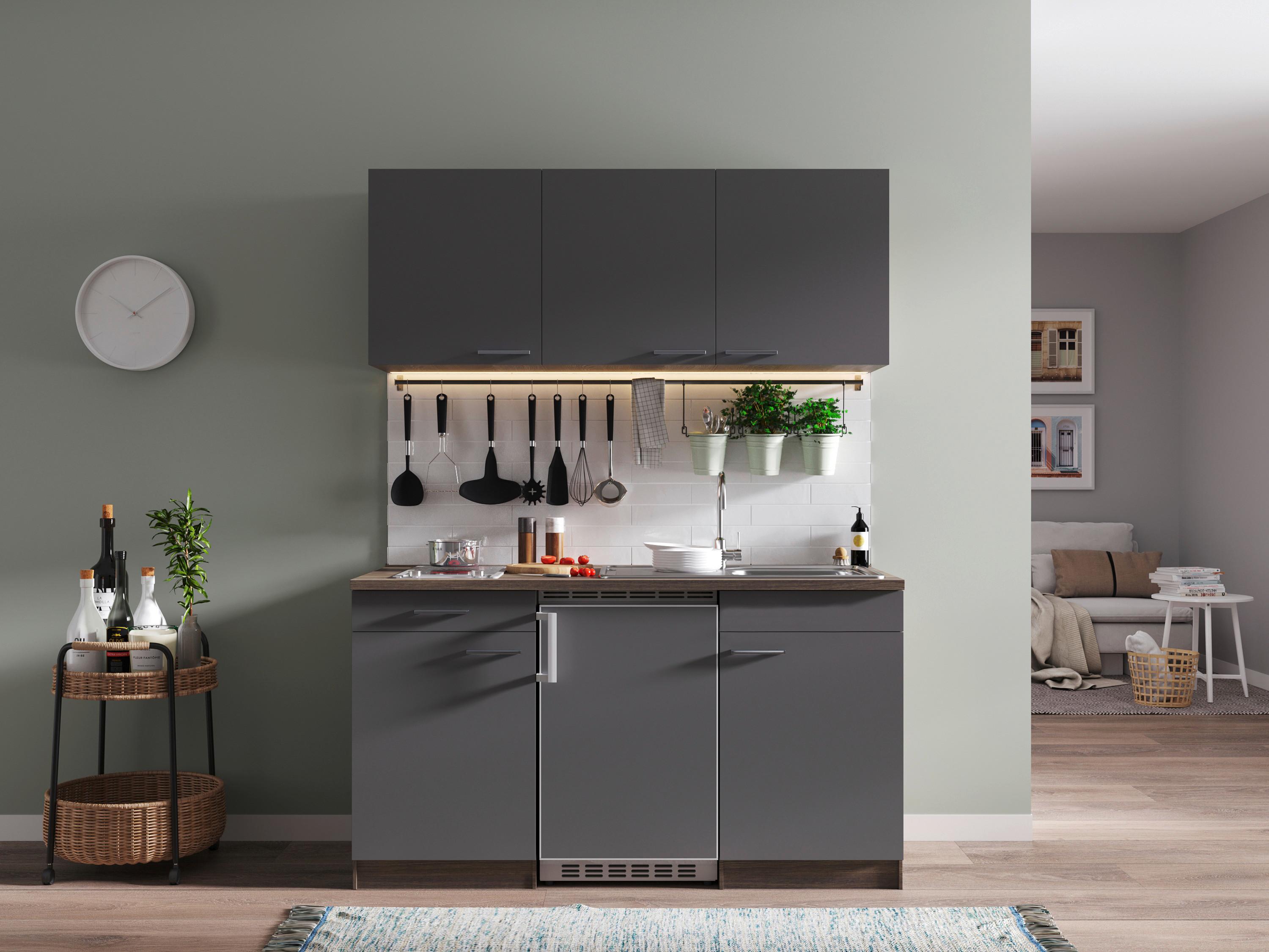 Miniküche Oliver Singleküche 150 cm - Eichefarben/Grau, Basics, Holzwerkstoff (150cm) - Respekta