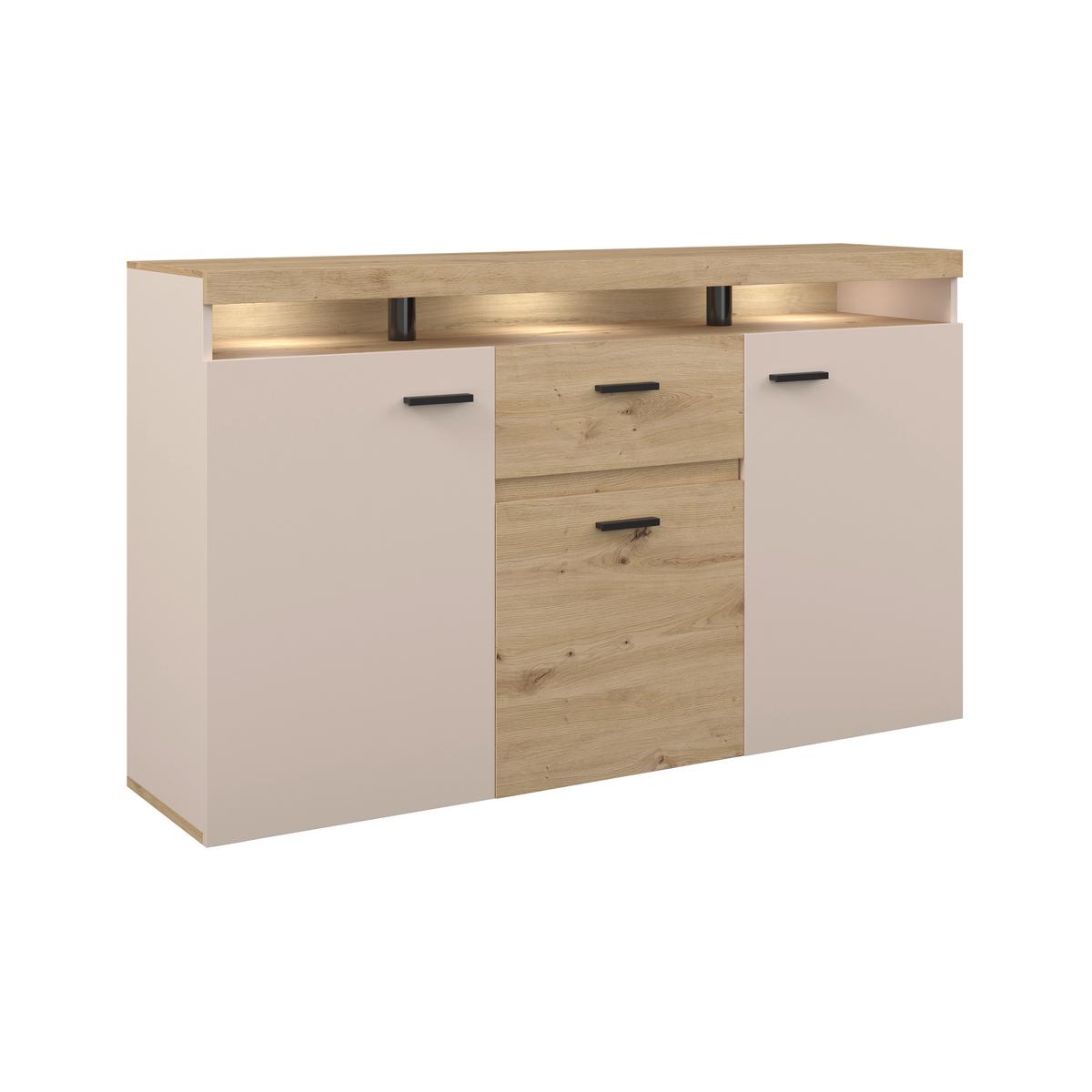 Sideboard Strada Giga Eiche Artisan/Kashmir, B:151cm - Kaschmir/Schwarz, Trend, Glas/Holzwerkstoff (151/89/37cm)