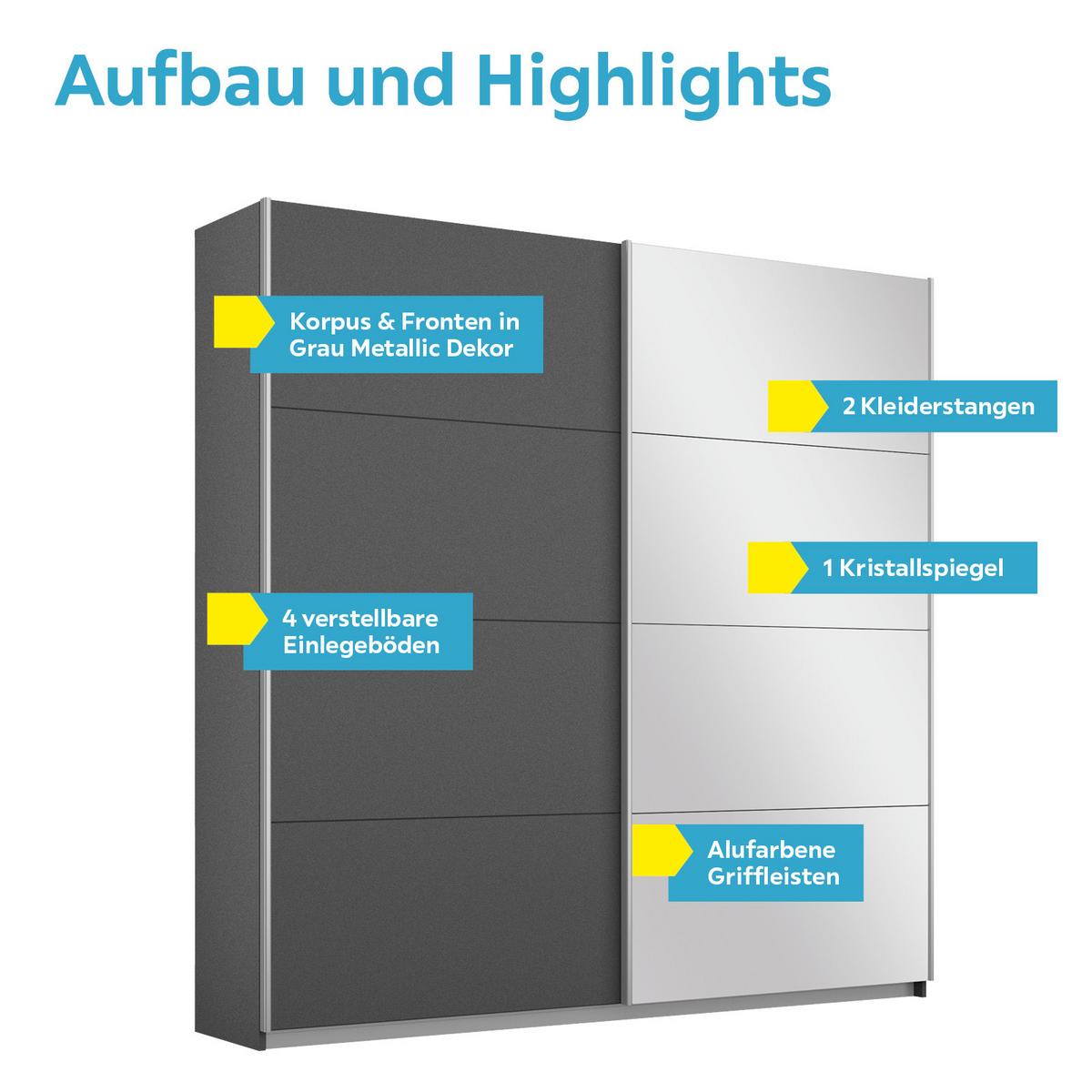 Schwebetürenschrank M. Spiegel 181cm Belluno, Grau Metallic - Grau, MODERN, Holzwerkstoff (181/230/62cm) - Rauch Möbel