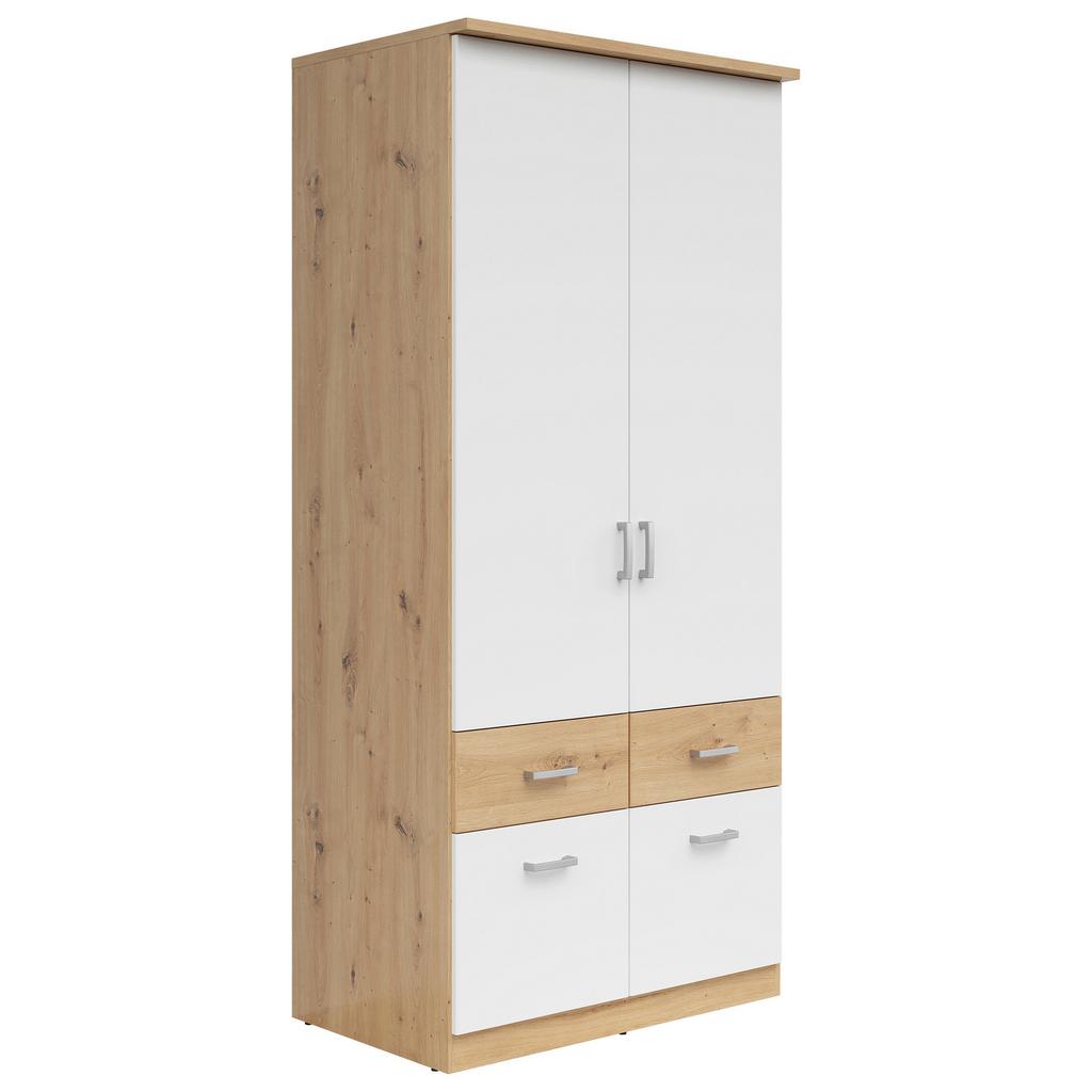 Drehtürenschrank mit Laden 91cm Brando, Weiß/Eiche Dekor