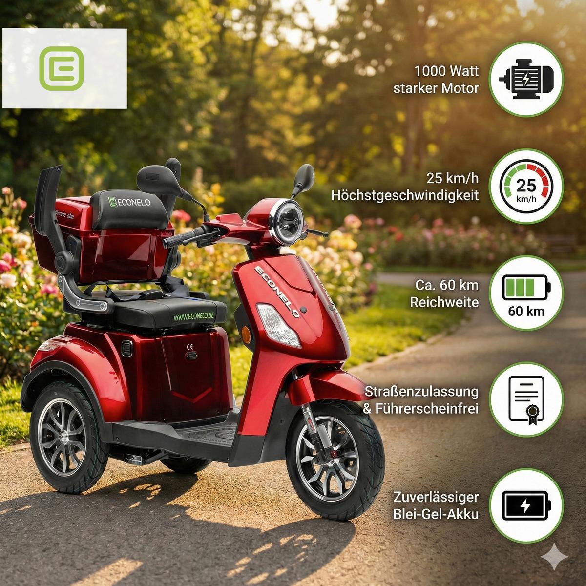 E-Seniorenmobil YOGI-IQ Blei-Akku, 3-Rad, 1000W - Rot, Basics, Kunststoff/Metall (152/67/102cm)