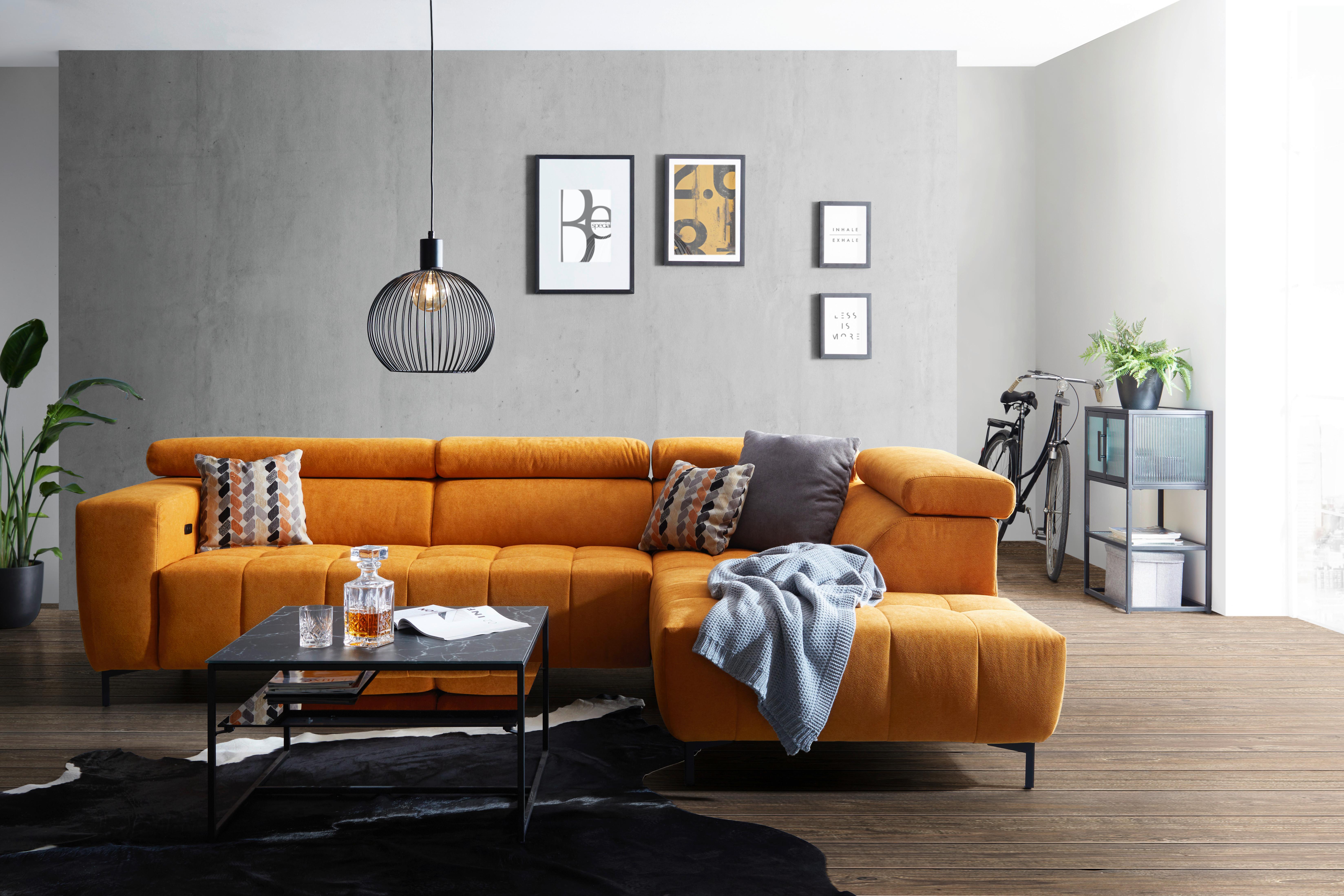 Rohová sedačka TARRAGONA, pravá, žltá, el.výsuv - černá/žlutá, Moderní, textil (295/201cm)
