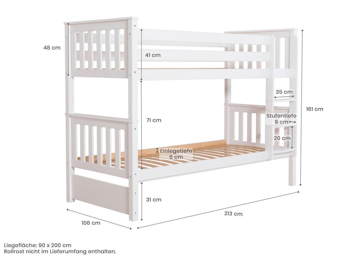 Etagenbett Sammy Weiß Kiefer Massiv 90 Cm Mit Stauraum - Weiß, MODERN, Holz (90/200cm) - MID.YOU
